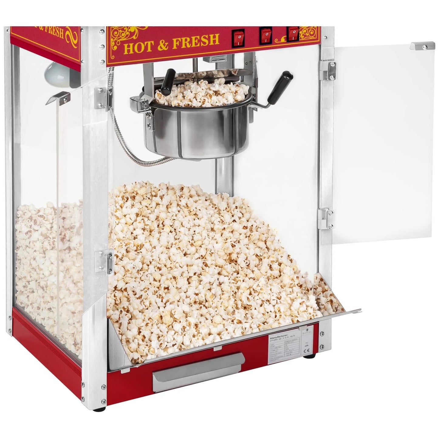 Royal Catering RCPW-16.3 Popcornmaschine Popcornmaker mit Wagen (1500 W, 5 kg/h 16 l/h, Topfbeschichtung Teflon) Retro Rot