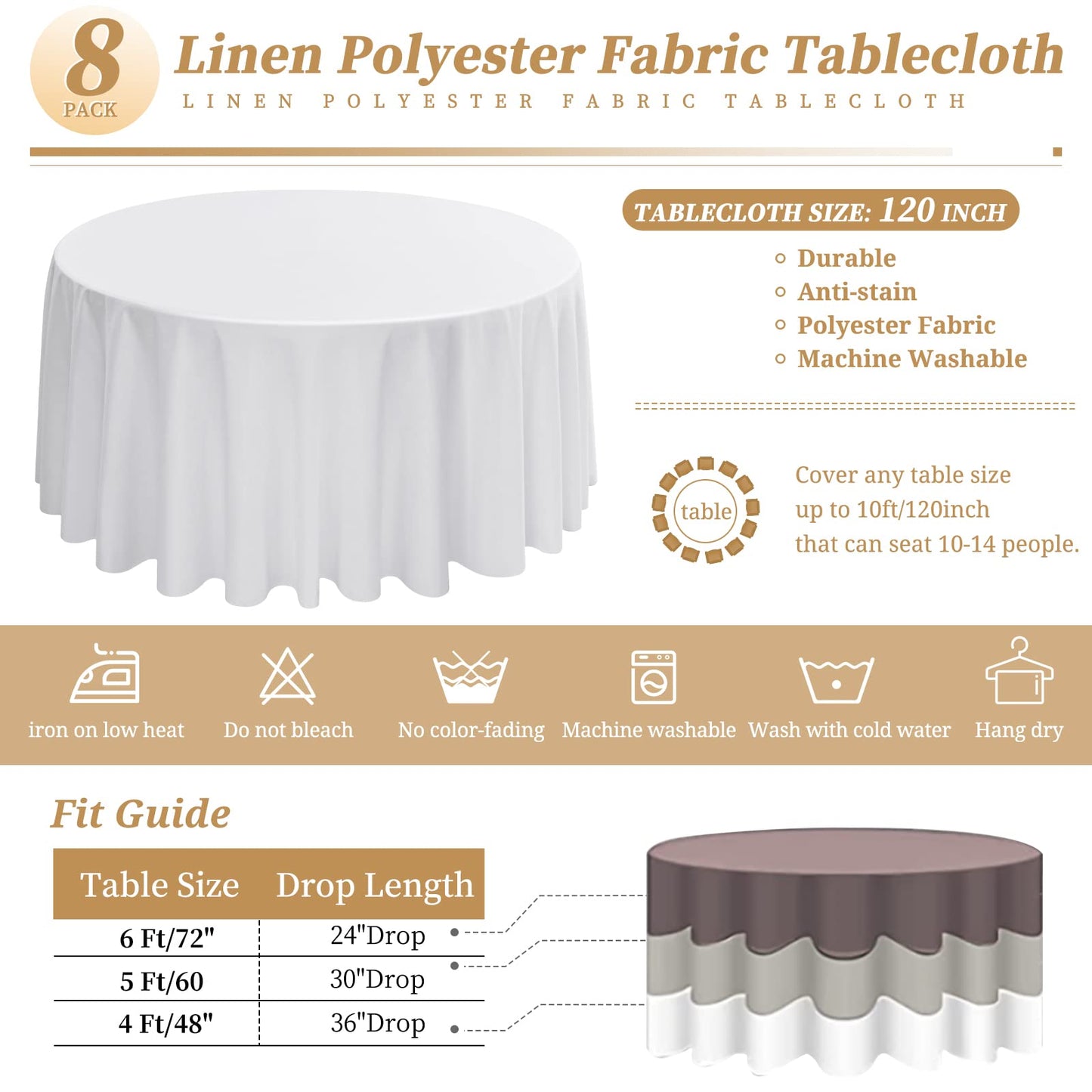 8er-Pack weiße runde Tischdecken, 120 Zoll/ 305 cm Polyester-Stoff-Tischdecke, waschbare Stoff-Tischdecke für Hochzeitsbankette, Restaurant-Buffet-Partys und Camping