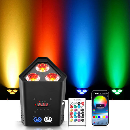 Rtktoup 3 * 18W Akku LED Par Licht, RGBW+UV 6 In 1 Wiederaufladbarer Bühnenstrahler, Disco Partylicht mit Infrarot Fernbedienung/2,4 GHz Wireless/APP, geeignet für Bühnen Festivals Party Club