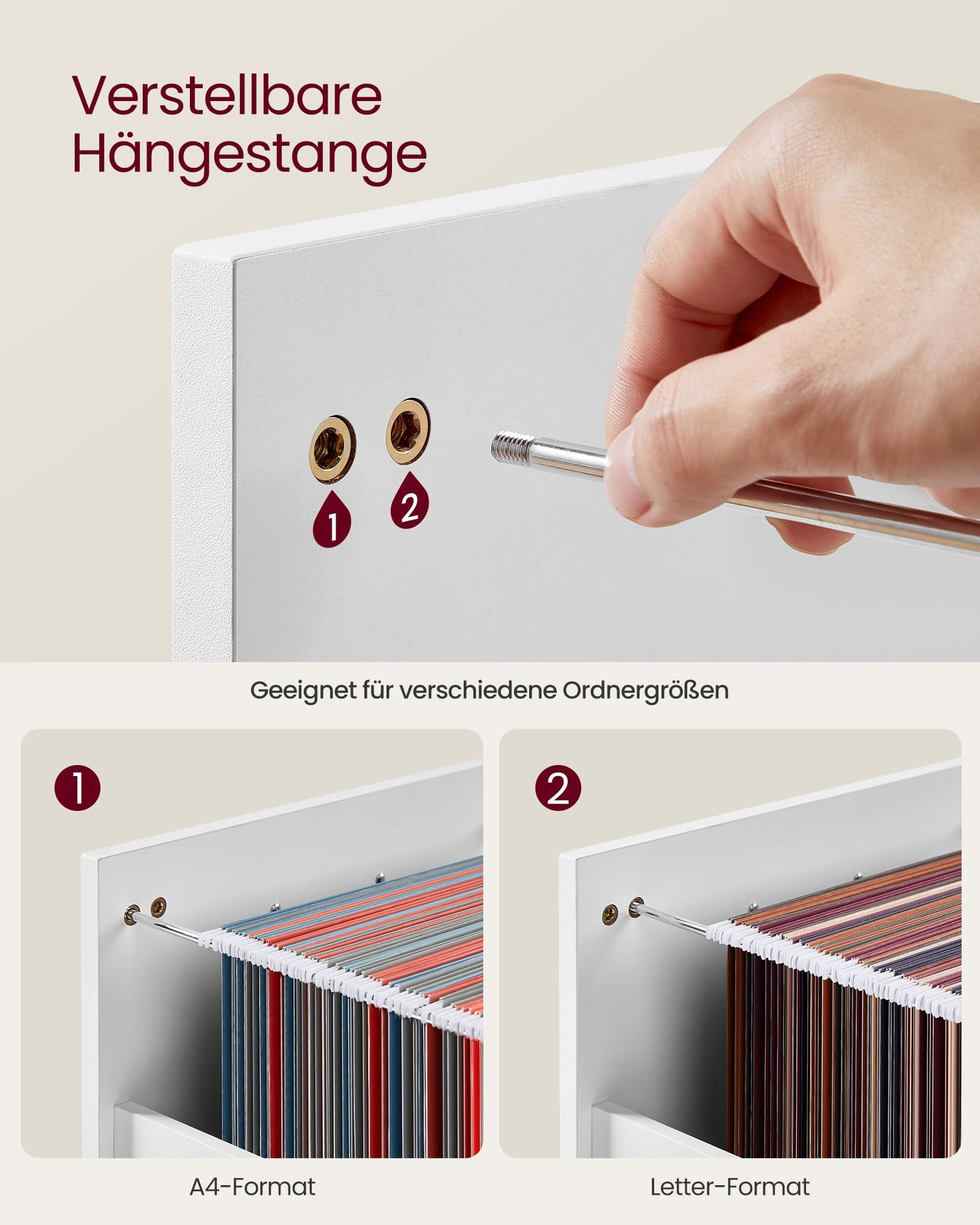 VASAGLE Rollcontainer, Aktenschrank mit 2 Schubladen, mobiler Büroschrank mit Rädern, offenes Fach, Hängeregistratur, Stahlgestell, modern, wolkenweiß OFC071W14