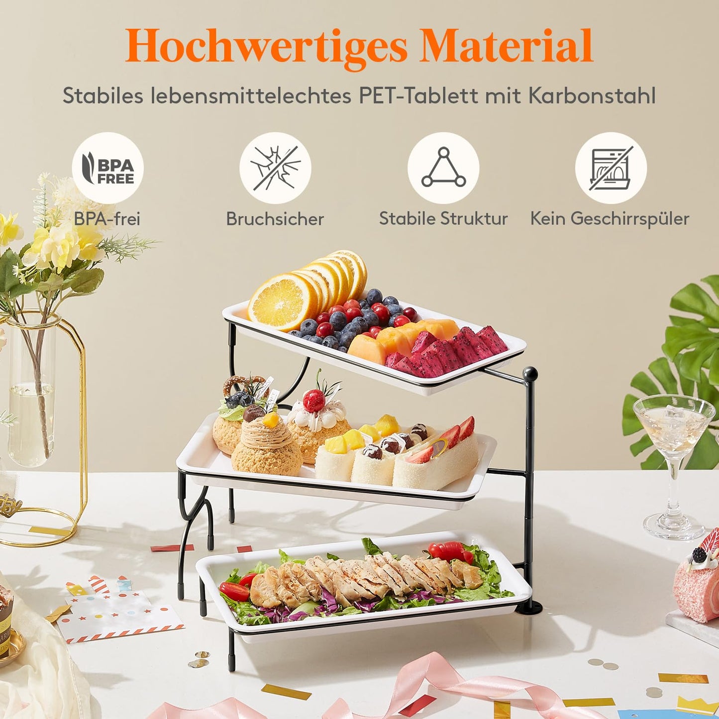 Lifewit 3-stufiges Serviertablett für Partyzubehör, 30x17cm Servierplatte zum Anrichten von Speisen, weiße Wiederverwendbare, Tabletts Obstschale für Gemüse, Obst, Kekse, Desserts, Schwarz
