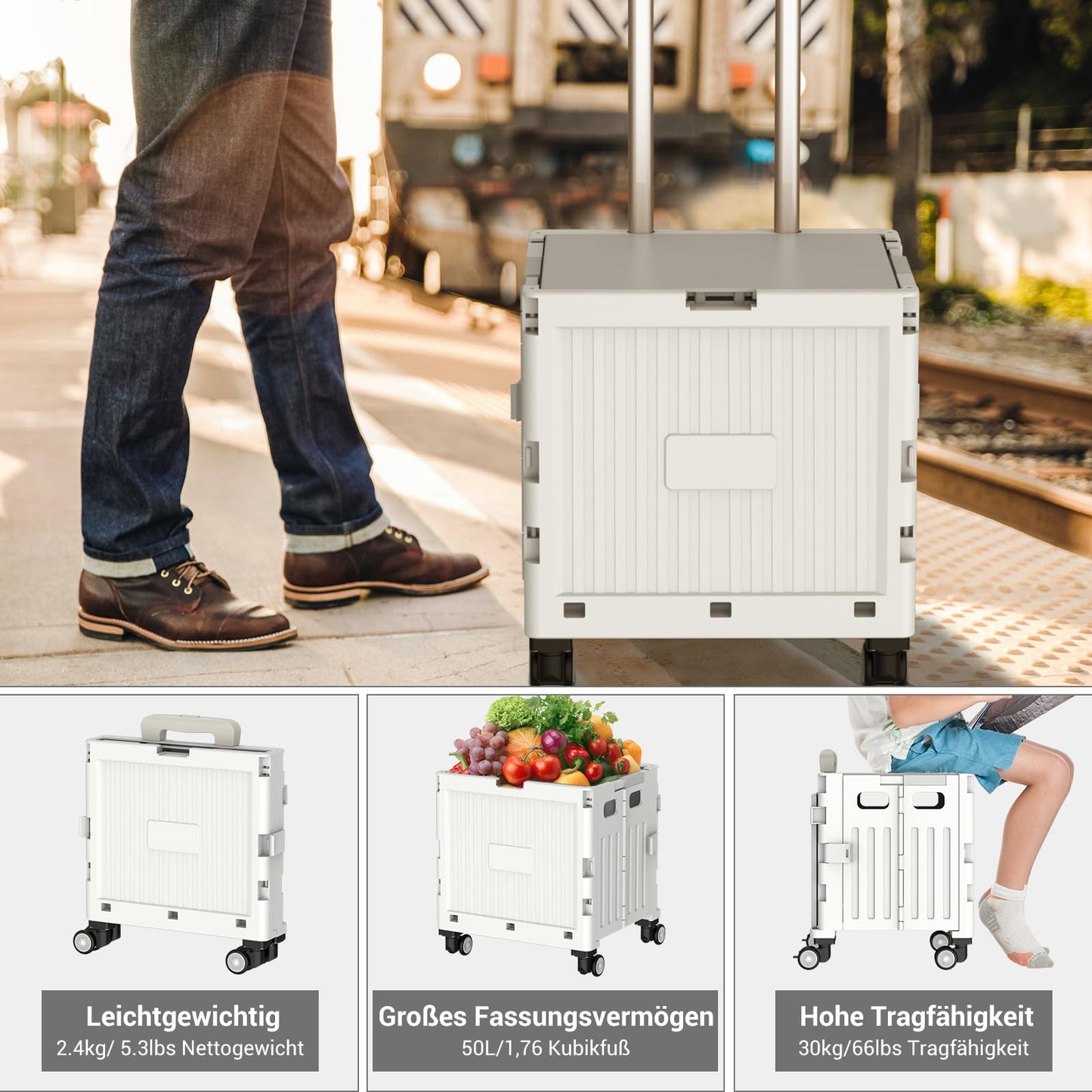 Meisax Einkaufstrolley klappbar, Einkaufswagen bis 30 kg, Transportbox mit 4 Rollen, Shopping Trolley Verstellbarer Aluminium Griff, Klappbar Transport Trolley für Einkaufen, Reisen, Büro (Grau)