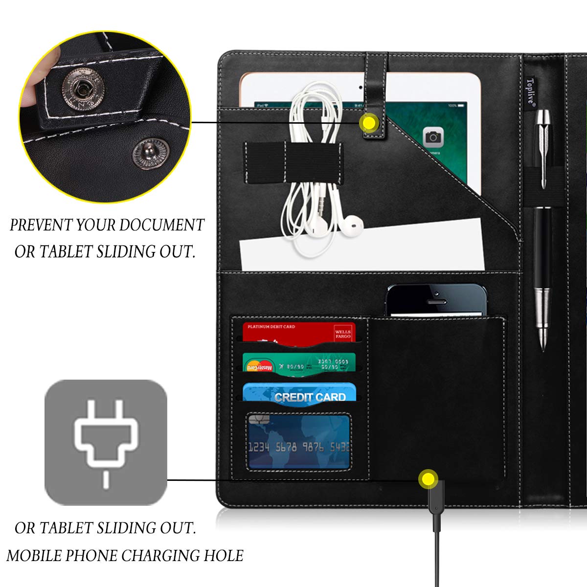 Toplive A4 Leder-Konferenzmappe Business Padfolio mit A4 Schreibblock, Kartenhalter, Tablet-Hülle (bis zu 10,5 Tablet), Portfolio-Ordner für Business, Schule, Büro, Konferenz