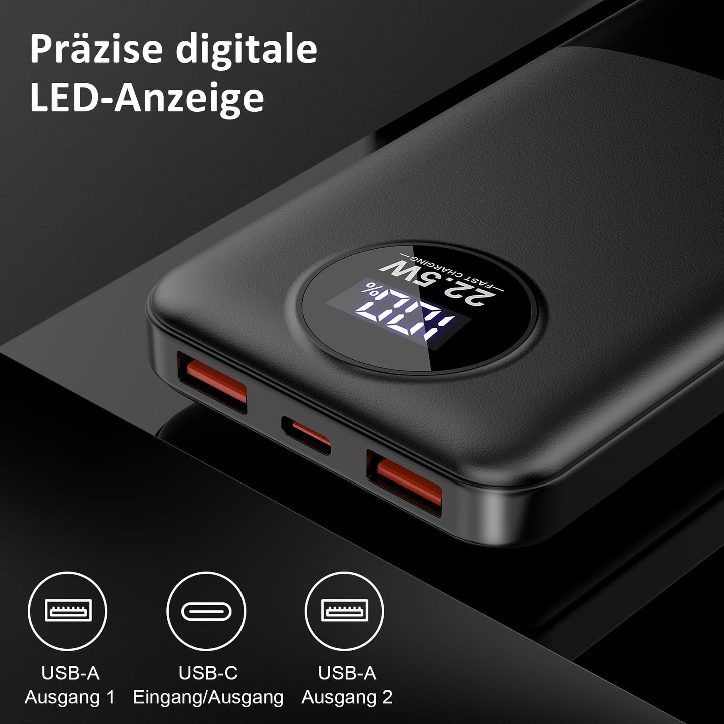 Power Bank 10000mAh, 22.5W PD QC 3.0 Schnelles Aufladen Powerbank USB C Ausgang&Eingang, Externer Akku stark mit 3 Anschlüsse und LED Anzeige, Tragbares Ladegerät für Harmony, iOS, Android (Schwarz)