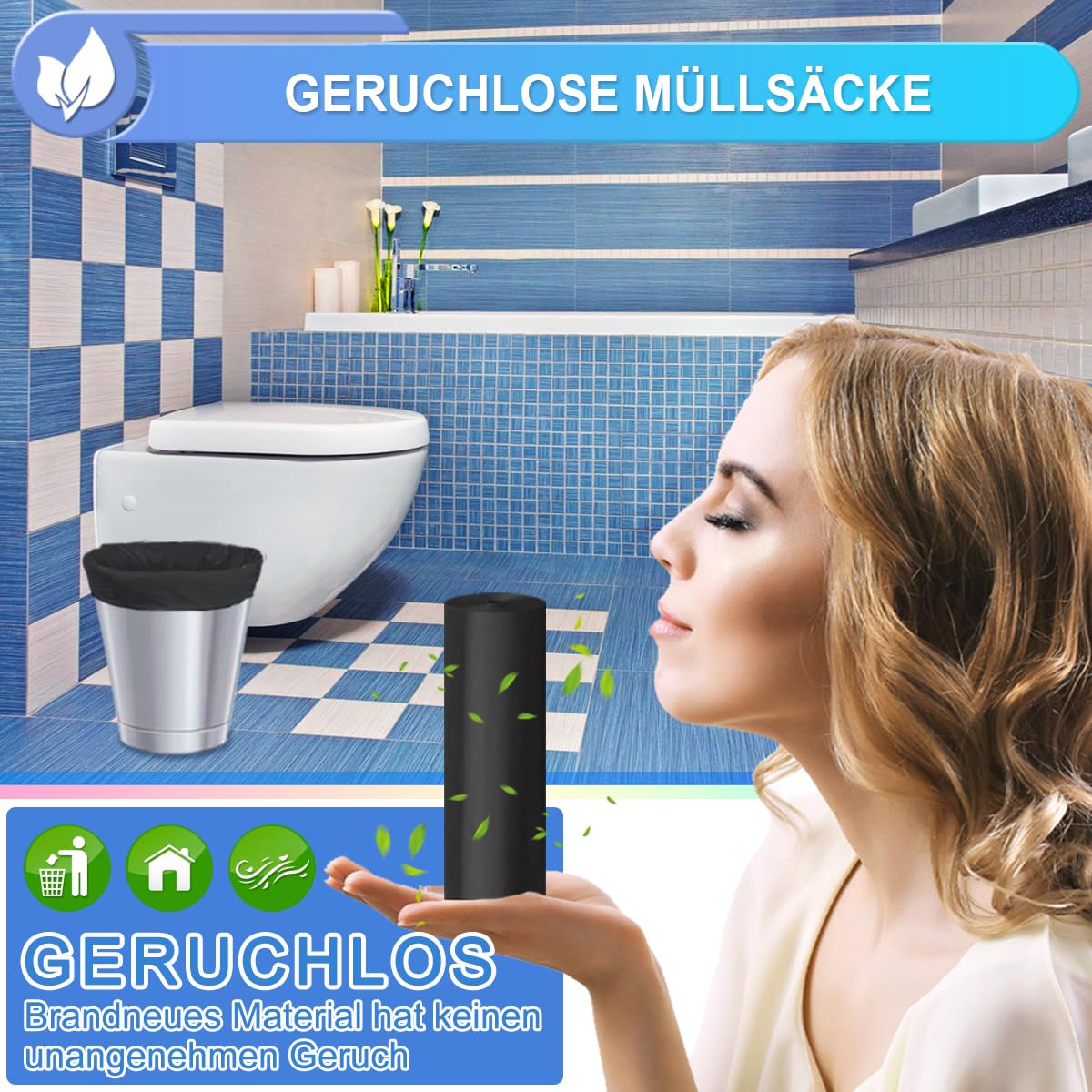 XUXRUS Müllbeutel 15L Müllsäcke Schwarze Mülltüten Kleine Reißfest Abfallbeutel Geeignet für Badezimmer,Toiletten und Küchen,120 Stück
