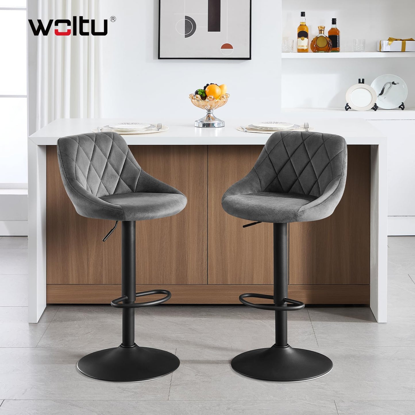 WOLTU Barhocker Tresenhocker, Gute gepolstert, Samt, Höhenverstellbar, Drehbar, 2 x Hocker, Dunkelgrau