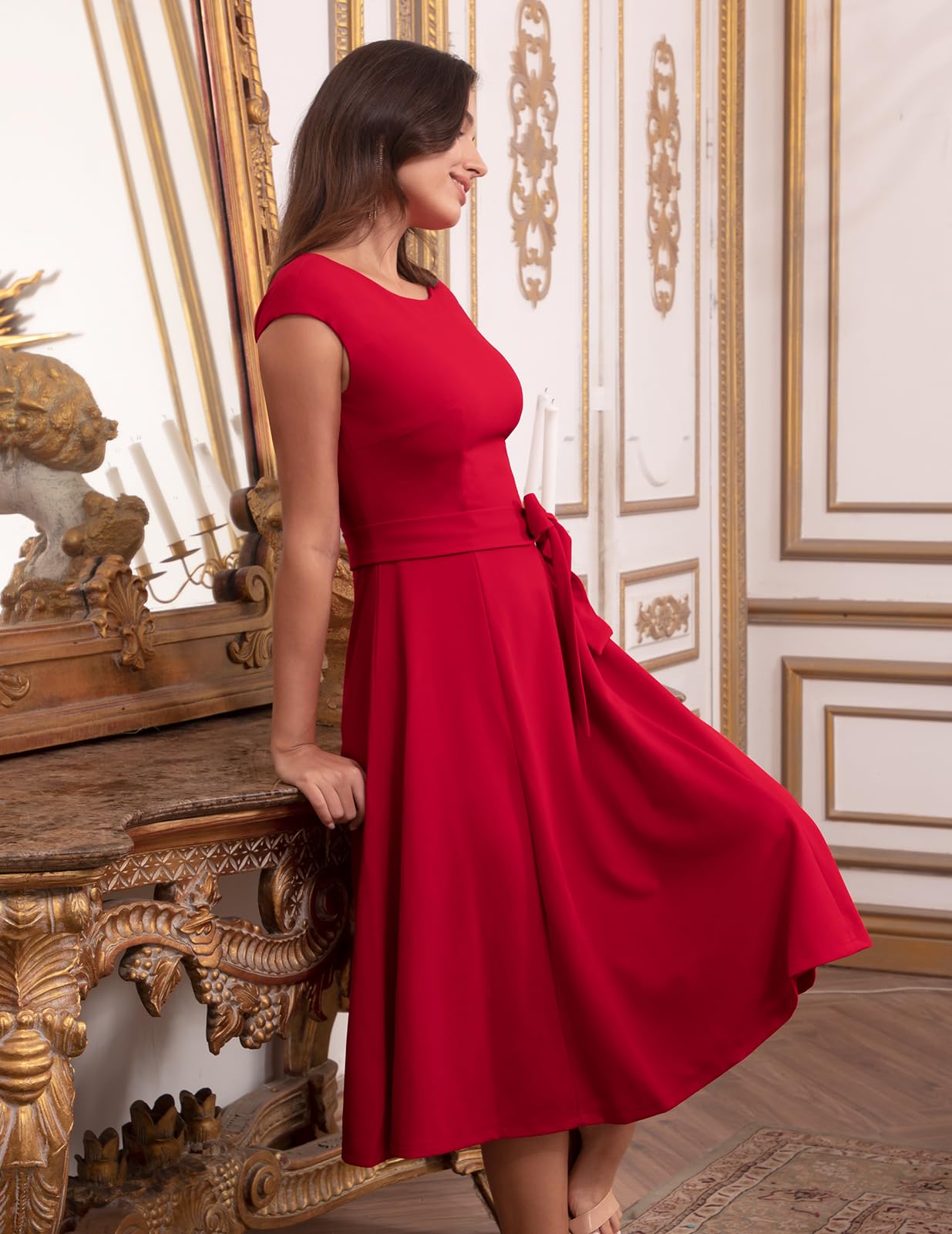 DRESSTELLS Damen Elegant Hochzeitkleid 1950er Vintgae Retro Cocktailkleid A-Line Swing Festlich Knielang Kleid Red 2XL