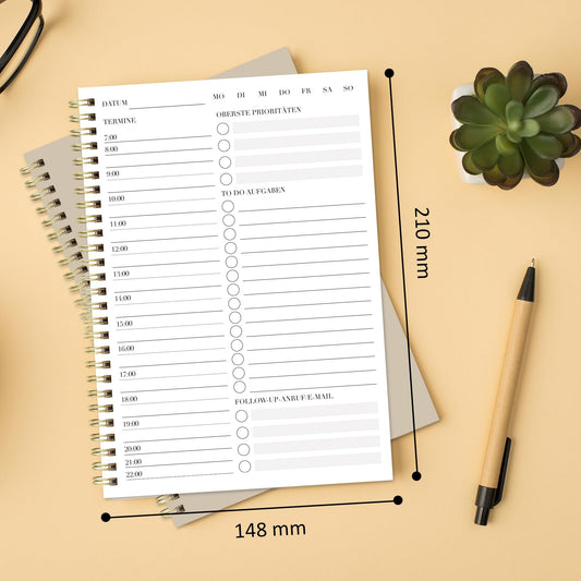 BIROYAL A5 Terminplaner ohne Datum - Spiralbound Tagesplaner mit Stundenplan, Notizen & Planung für effiziente Aufgabenverwaltung, ideal für Schule & Büro, To-Do-Liste Notizbuch, Khaki