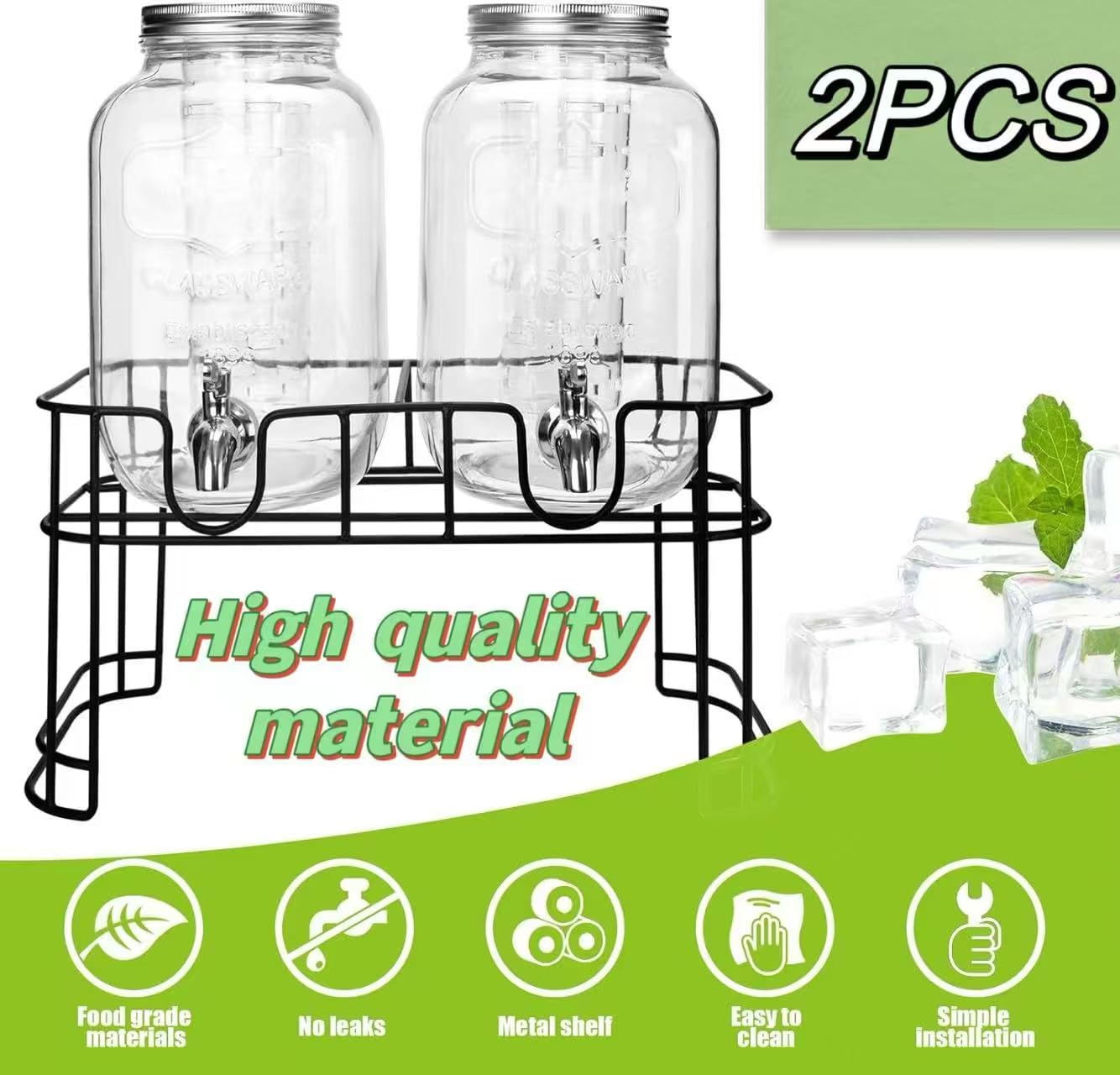 Deefongo 2 x 4L Glas-Getränkespender mit Ständer, Getränkespender, Glas-Wasser-Saft-Spender mit Hahn für geeiste Säfte, Wasser, hausgemachte Getränke, Partys, Hochzeiten