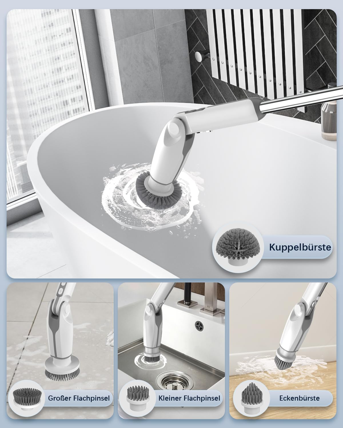 Leebein Elektrische Reinigungsbürste, 2024 Neues Spin Scrubber mit 8 Austauschbaren Bürstenköpfen, Fernbedienung, Verstellbarer Langgriff 38-132CM & 2 Geschwindigkeiten und für Badezimmer/Küche