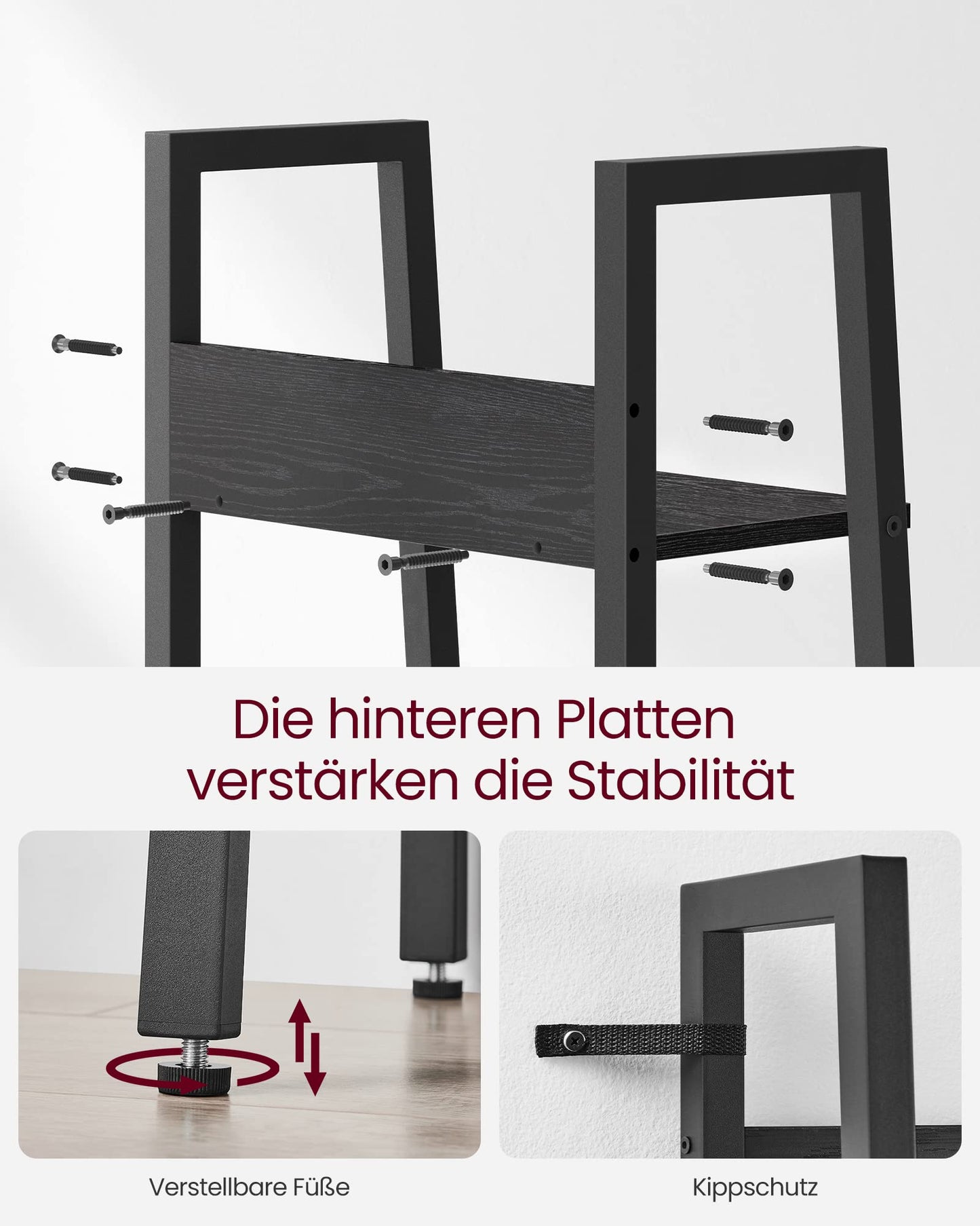 VASAGLE Bücherregal 4 Ebenen im Industriestil, Schwarze Holzoptik und Schwarz, 30 x 33,8 x 170 cm für Wohnzimmer und Büro