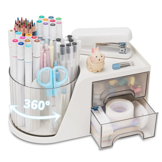 Weißer RISEMART drehbarer Schreibtisch-Organizer mit 2 transparenten Schubladen und 4 Fächern, gefüllt mit Stiften und Bürozubehör, stilvoll platziert auf einem modernen Schreibtisch für Büro oder Homeoffice.