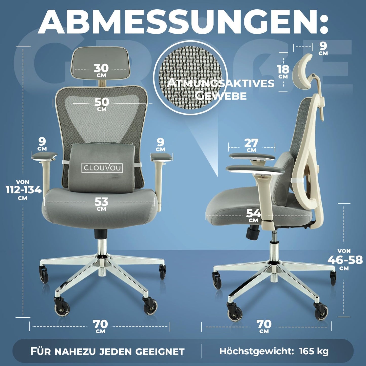 CLOUVOU CleverSeat Bürostuhl Ergonomisch [TESTSIEGER] Schreibtischstuhl 100% individuell einstellbar | Büro Stuhl & Gaming Stuhl | Computerstuhl Home Office Chair Ergonomic | Drehstuhl 150 kg
