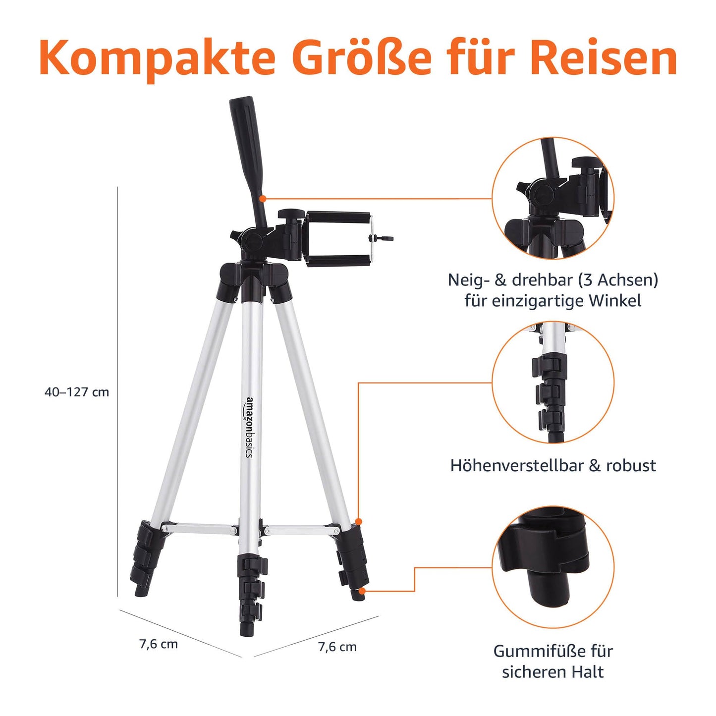 Amazon Basics 127 cm Aluminium Universal-Smartphone-Stativ mit Drei-Achsen-Drehung, Schwarz