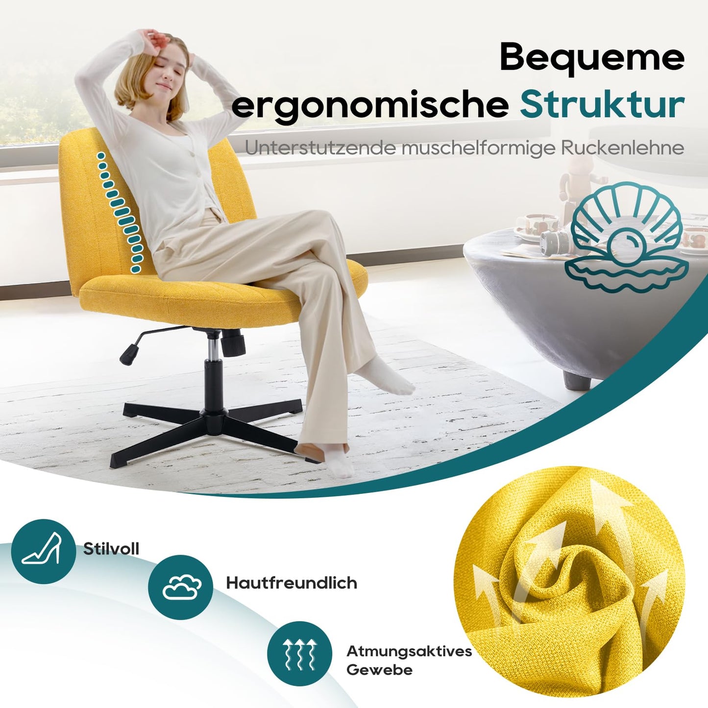 COLAMY Breiter Bürostuhl, Gepolsterter Armloser Schreibtischstuhl Drehbarer Home Office Stuhl 115° Wippfunktion Ergonomischer Computerstuhl für Home Office, Schminken, Gaming (Kreuzfuß, Gelb)