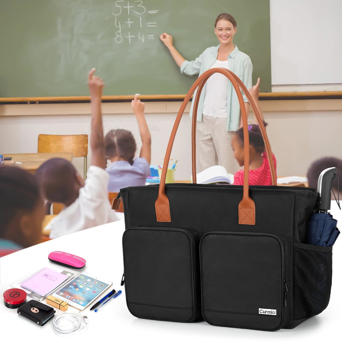 CURMIO Lehrertasche, Tragbare Aktentaschen mit Gepolsterte Laptop Fach, Lehrer-Arbeitstasche für Frauen, Ideal für Lehrer, Pädagogen, Schwarz (LEERE TASCHE)