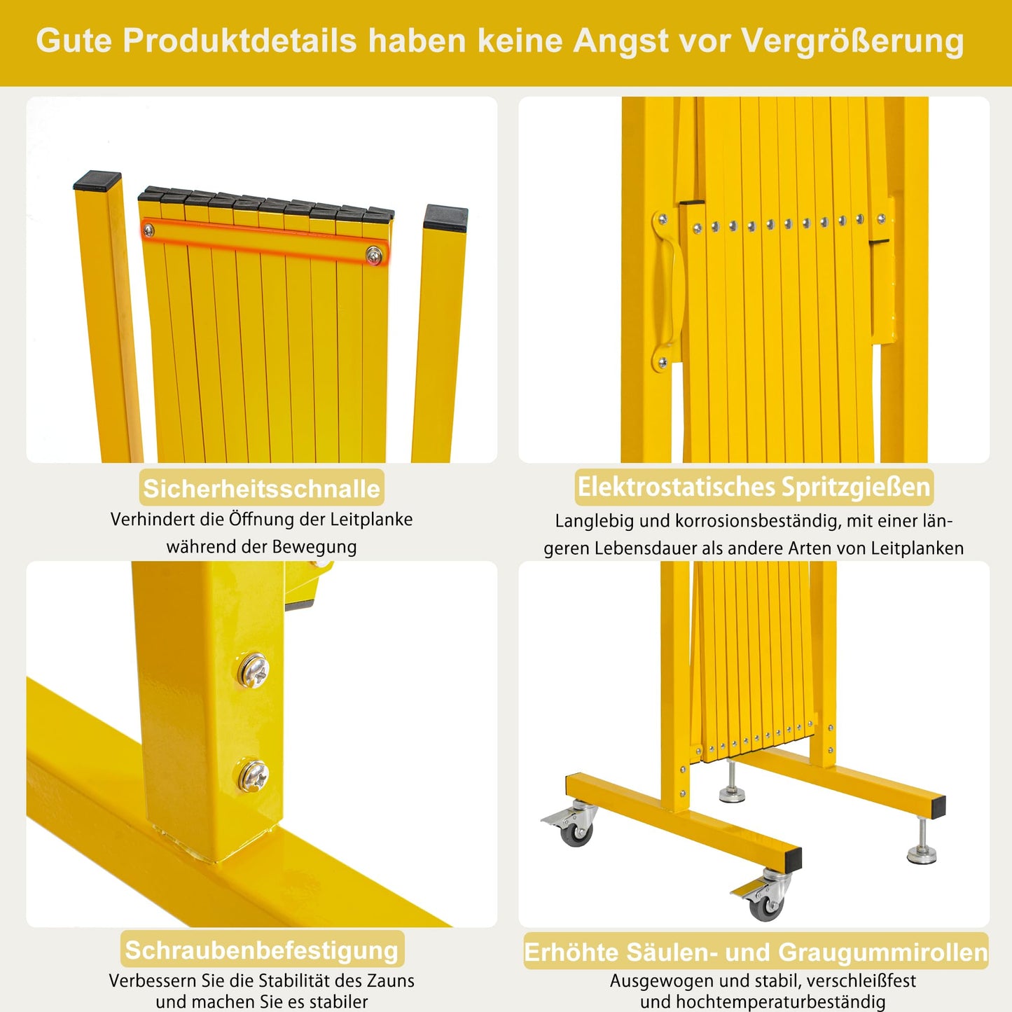 OUUTMEE Scherengitter ausziehbar, maximaler Breite 330cm x Höhe 120 cm, Teleskop-Tor, Baustelle/Bahnhof/Schule/Garage, Gitter-Akkordeon-Zaun, Zaun/Zaun, Zauntor (leicht, kompakt) Gelb