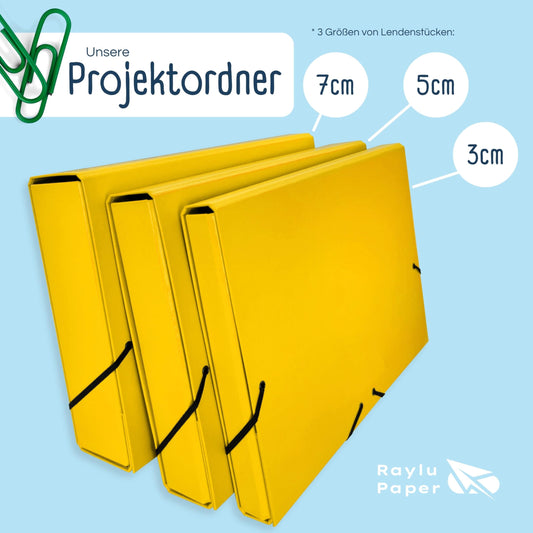 Raylu Paper Projektmappe Matt A4 mit 3 cm Rückenbreite, stabile Kartonmappe und Verschluss mit Gummibändern für Schulprojekte oder Büro, Größe 34 x 24 cm (Gelb)