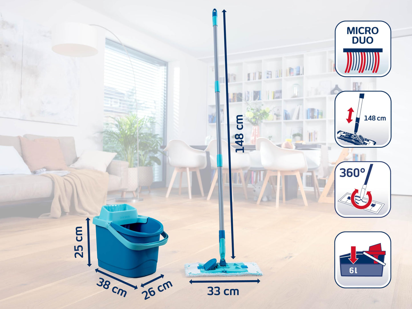 Leifheit Set POWER CLEAN, Wischer für Alle, rückenschonender Bodenwischer mit Reinigungsklingen, Wischtuchpresse, Wischmopp Set mit Eimer und 2x Mikrofaser Wischbezüge für alle Hartböden, Click-System