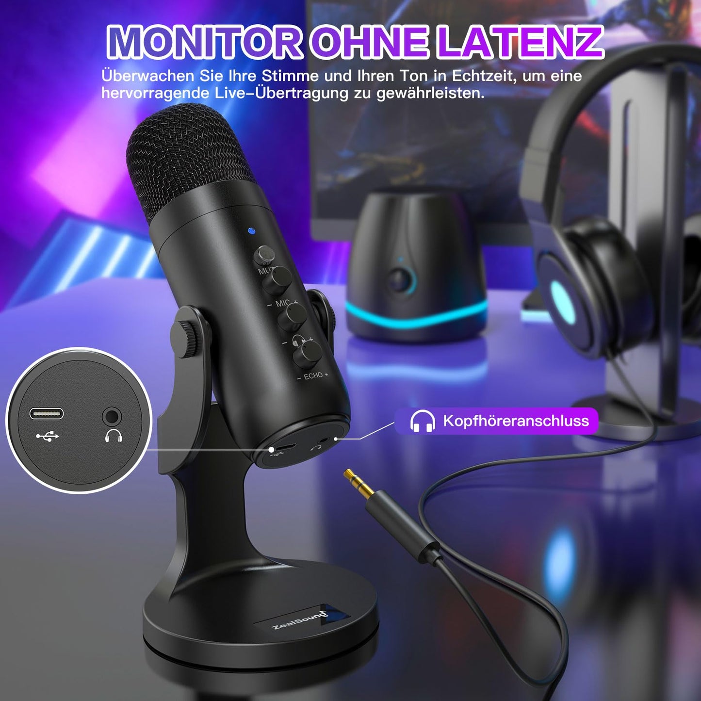 zealsound USB Mikrofon, Kondensator Mikrofon für PC Handy, PS4, PS5, Microphone PC USB C für Gaming, Podcast,Aufnahmen,Streaming,ASMR mit Stumm/Gain/Echo, Adapter für Phone,Kompatibel mit Mac, Winows