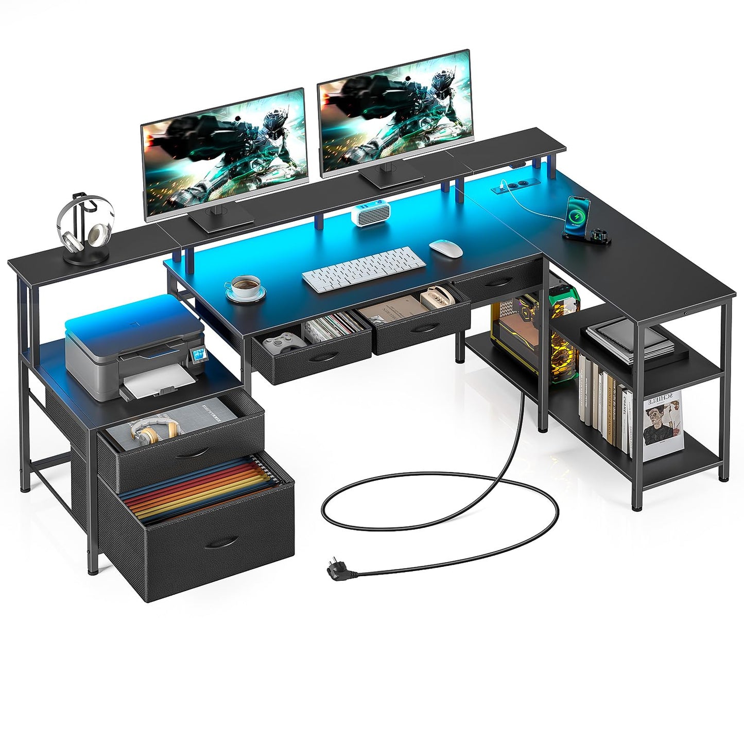 Rolanstar Schreibtisch L Form mit Schubladen, reversibler Gaming Tisch mit Steckdose, LED & Monitorständer 163 cm Computertisch für Büro Arbeitszimmer Schlafzimmer
