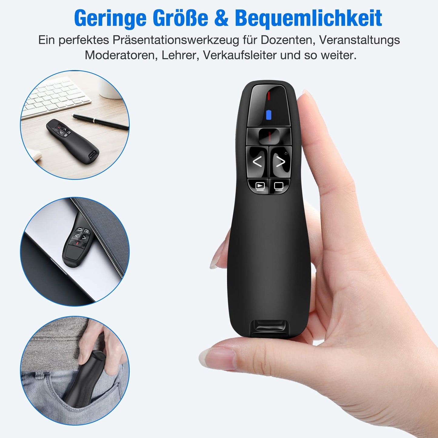 Kabellose Presenter, 2.4 GHz Wireless Presenter Verbindung via USB-Empfänger, 15m Reichweite, Roter Presenter, Fernbedienung Präsentation für Windows und Mac/PowerPoint/Keynote/Google Slides/PDF