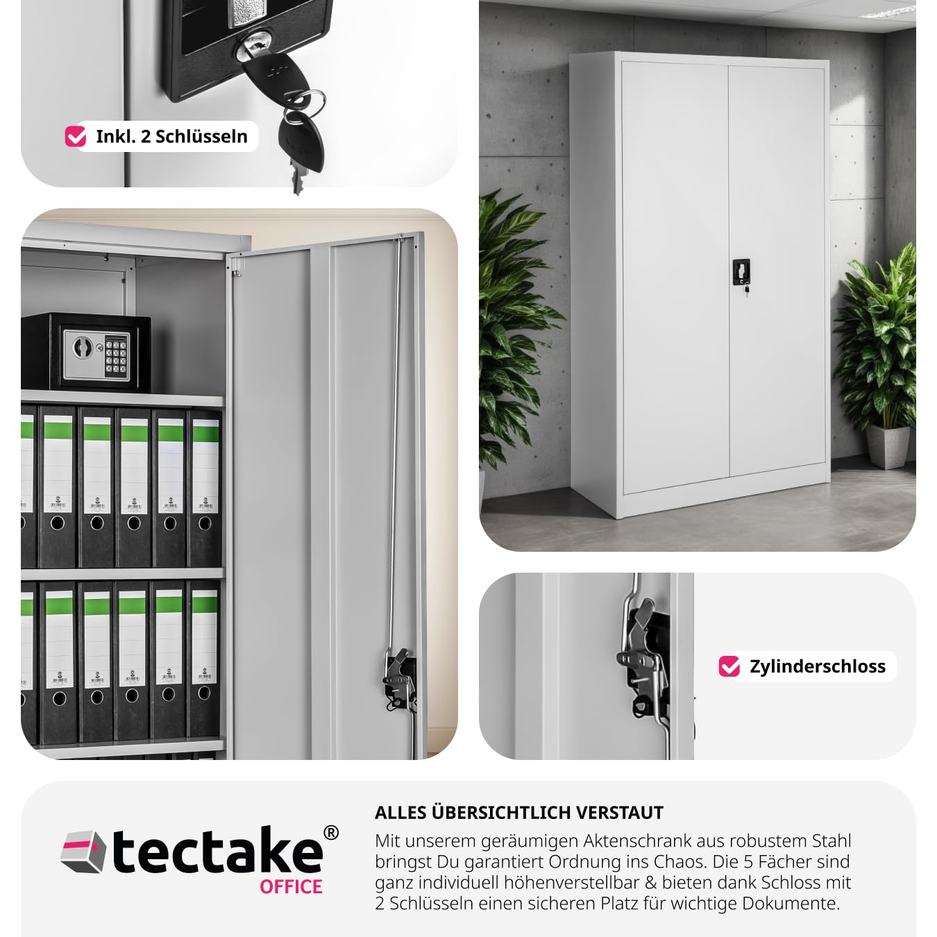 tectake® Aktenschrank, Büroschrank abschließbar, Mehrzweckschrank aus Stahl, Allzweckschrank, mit 2 Türen, Ink. 5 höhenverstellbare Einlegeböden, Aktenschrank abschließbar, 180x90x40 cm - grau