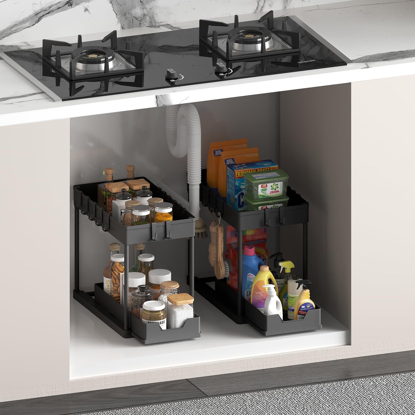 Meltrck Spülschrank Organizer - 2 Stück Unter Waschbecken Regal Organizer - Ausziehbares Lagerregal Organizer mit 16 Haken,Schwar