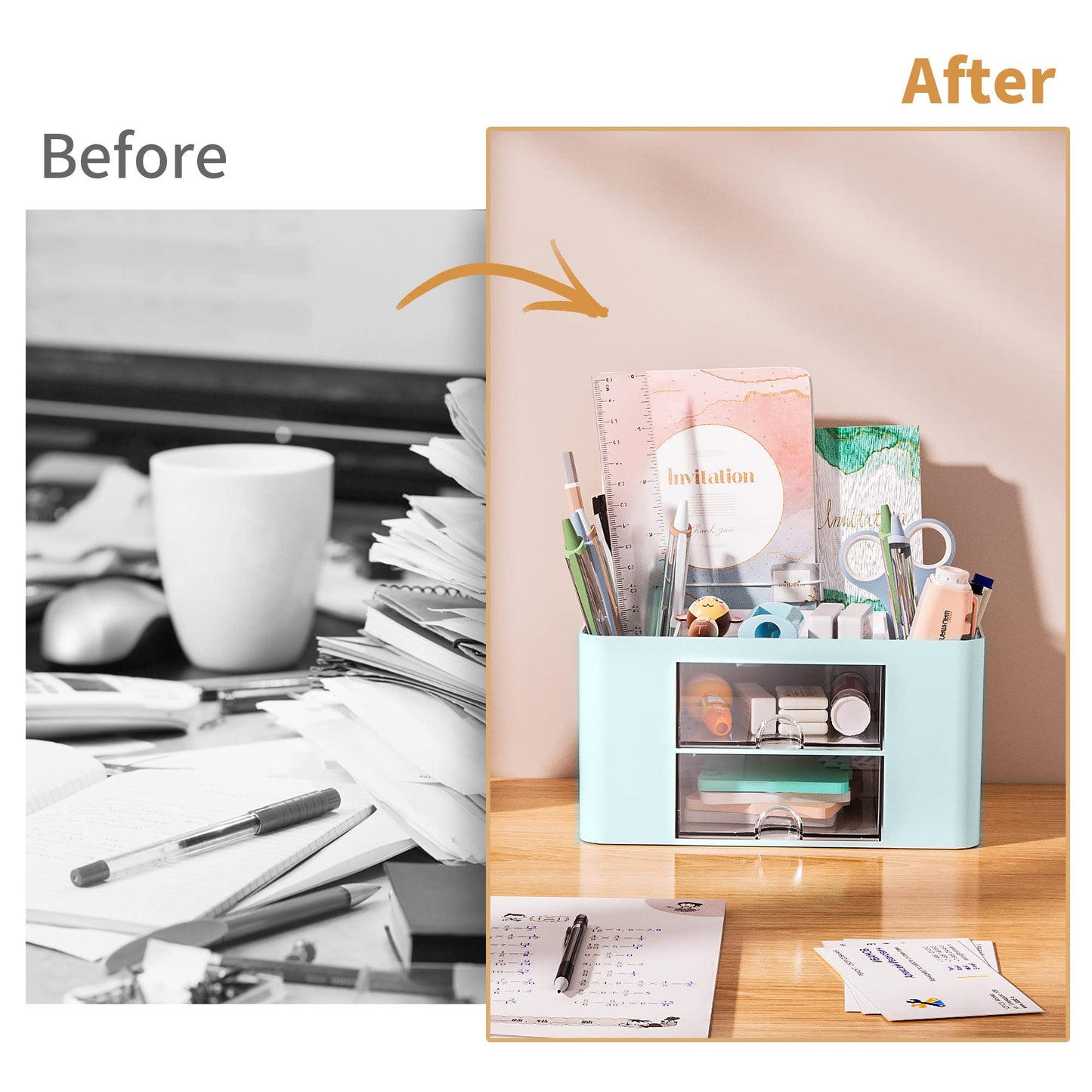 Marbrasse Schreibtisch Organizer mit Schubladen,Multifunktional Stiftehalter Schreibtisch mit 7 Fächer 2 Schubladen,Büro Organizer Schreibtisch und Zubehör (Blau)