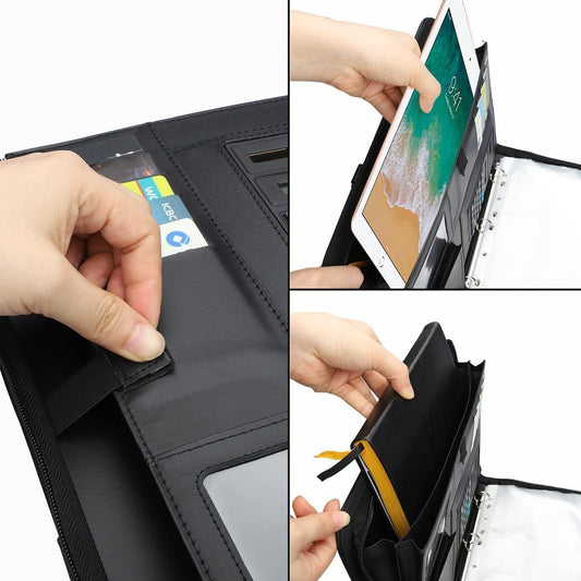 WONSEFOO A4 Schreibmappe, Multifunktions Ledermappe, einschließlich Schreibbloc, Dokumentenmappe Konferenzmappe mit Taschenrechner & faltbaren Magnetgriffen, Komplett mit Reißverschluss, Wasserdicht