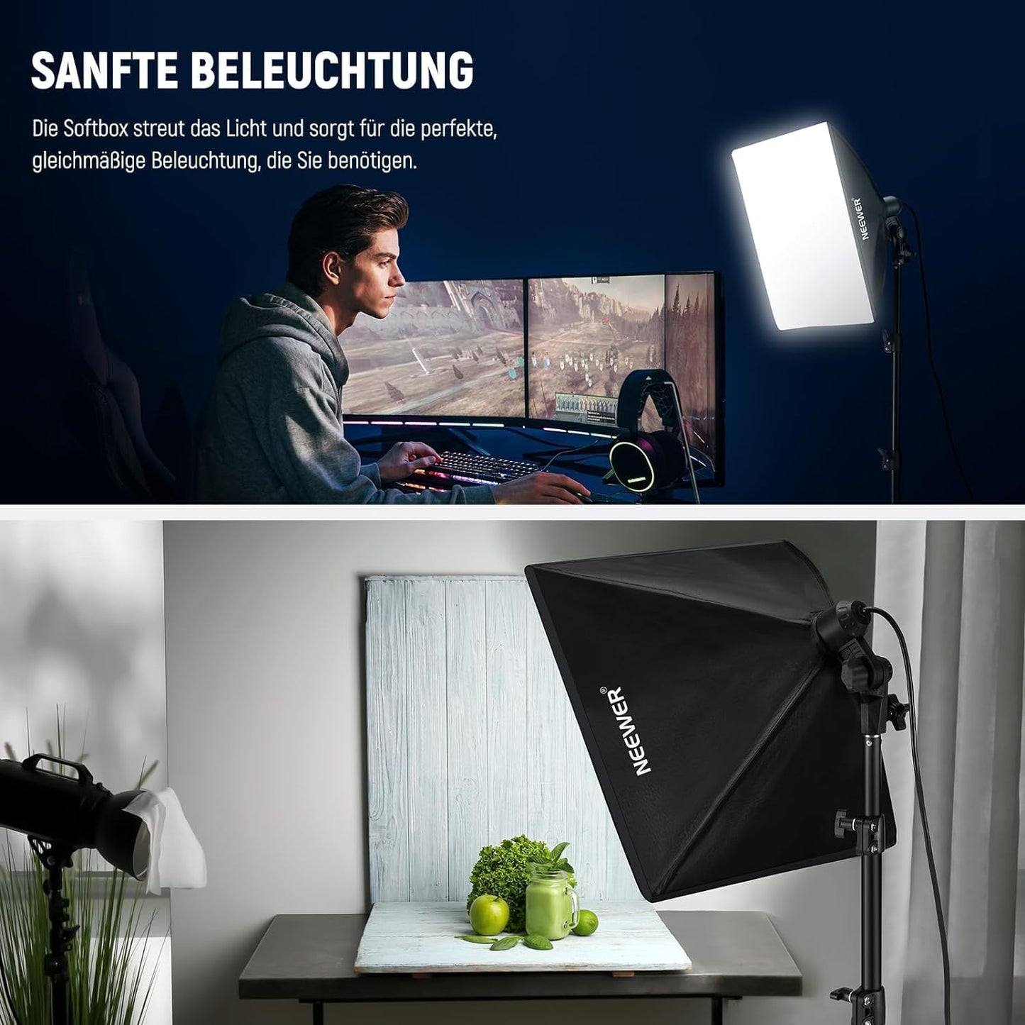 NEEWER 40x40cm Softbox Beleuchtung Set mit 35W LED Glühbirne E27 Sockel (EU Stecker) CE&UKCA Zertifiziert 5700K CRI93+, 180cm Licht Stativ für Fotografie Leuchte Videolicht Aufnahme TikTok, SF40