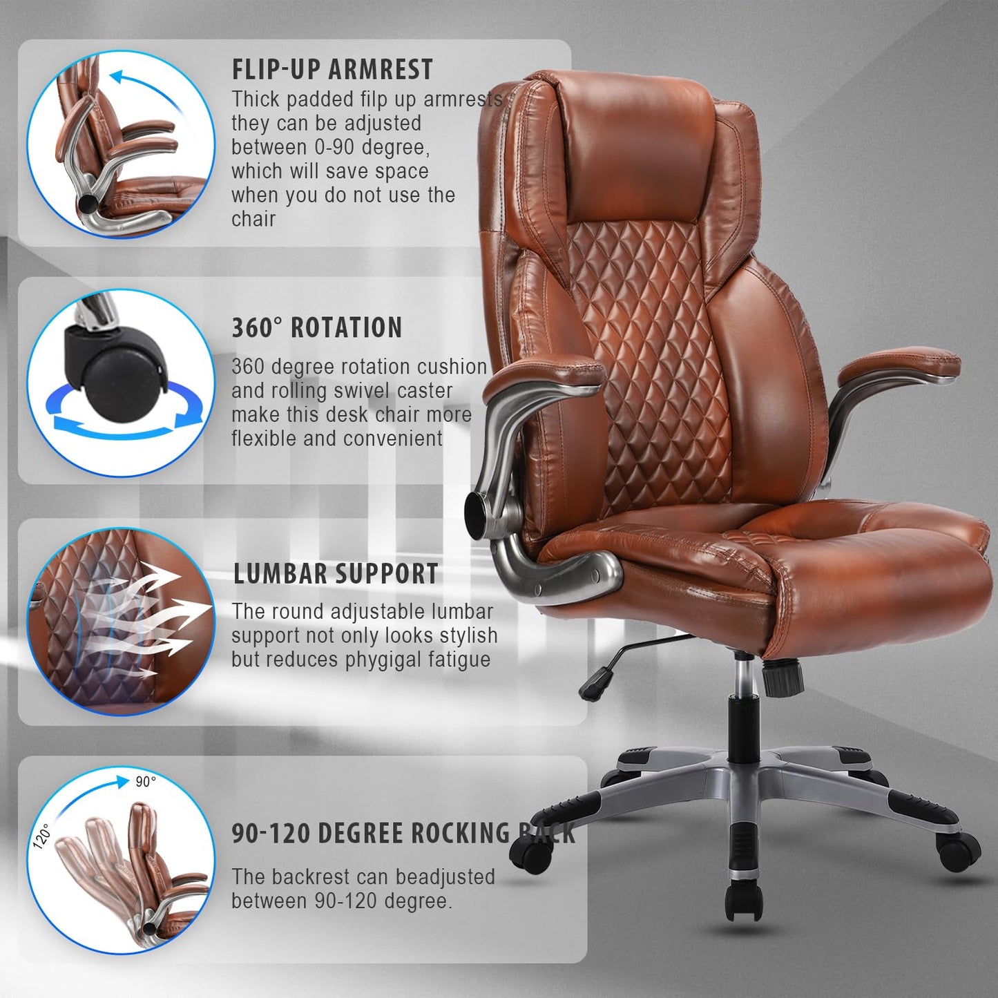 KCREAM Bürostuhl Computer hohe Rückenlehne verstellbare Flip-up-Armlehnen Ergonomischer Schreibtischstuhl Executive Diamond-Stitched PU Leder Swivel Task Chair mit Armlehnen Lendenwirbelstütze