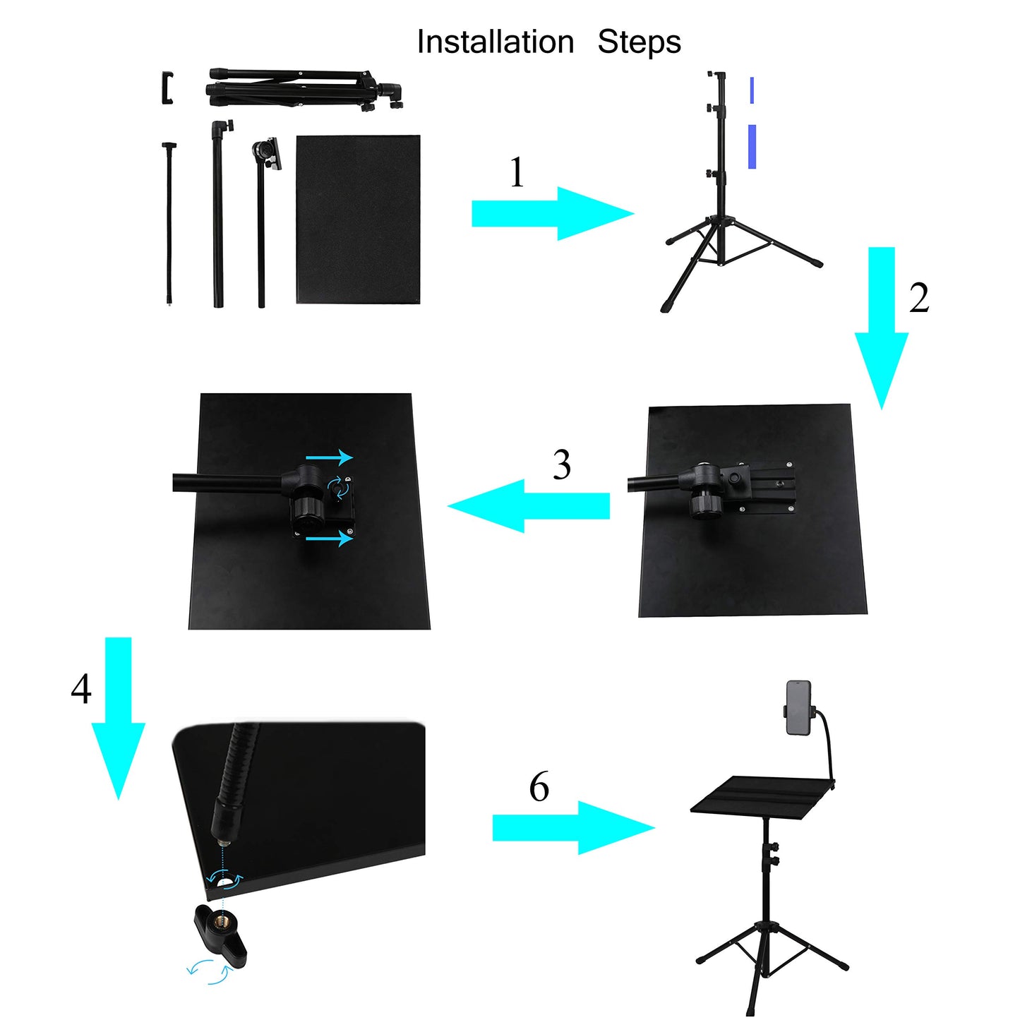 Dreibeinstativ für Laptops, Laptopständer mit Verstellbarer Höhe, 50 bis 122cm, mit Schwanenhals-Handyhalterung, tragbares Dreibeinstativ für Projektoren