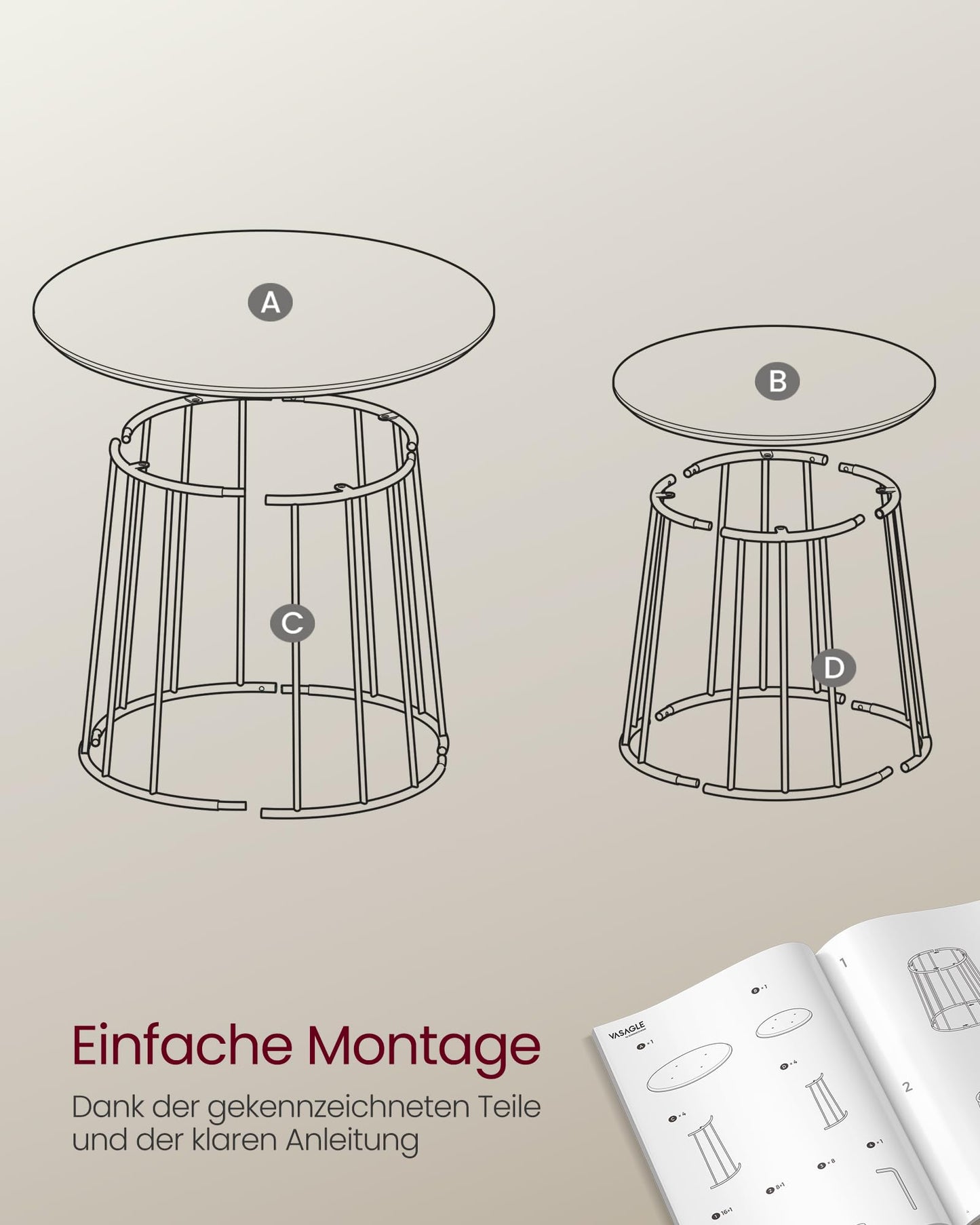 VASAGLE Couchtisch rund, 2er Set, modern, runder Beistelltisch, mit Stahlgestell, für Wohnzimmer, Schlafzimmer, vintagebraun LCT045K01