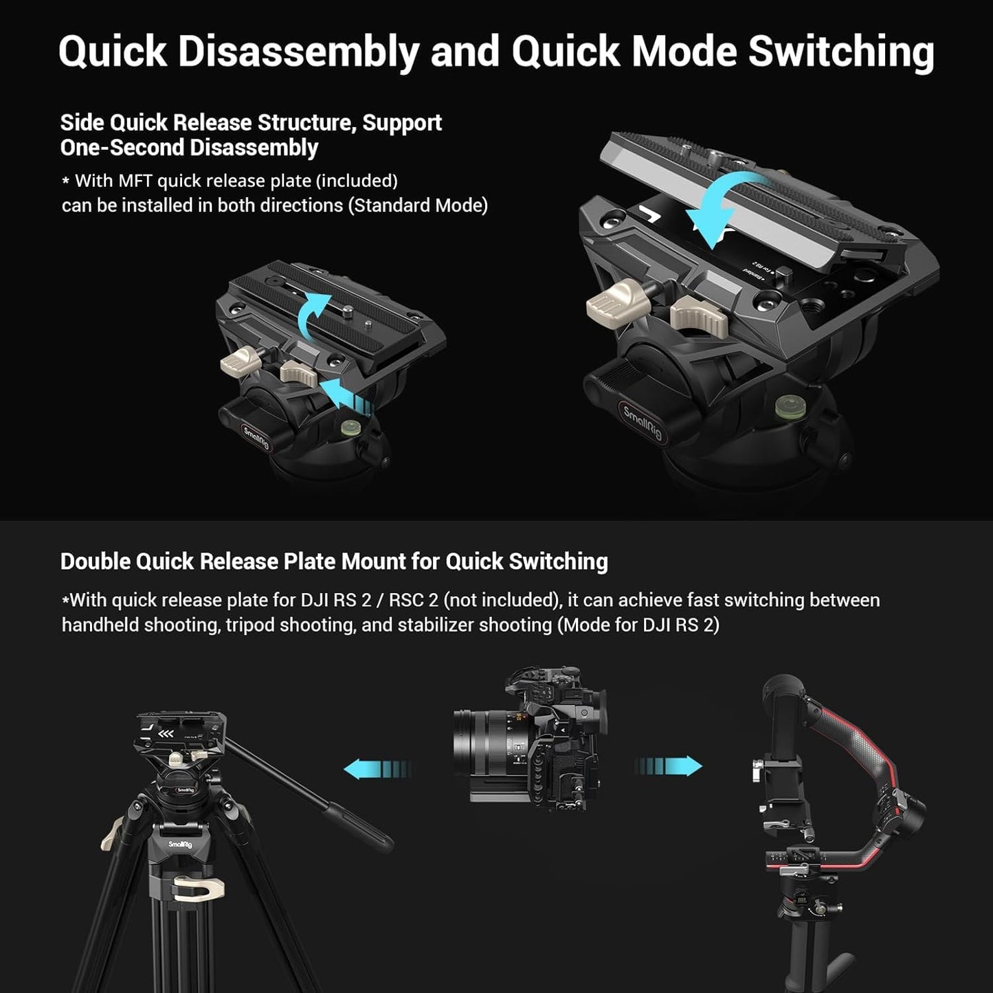 SMALLRIG Videostativ, 73-Zoll (186 cm) Heavy Duty Tripod Hochleistungs Stativ mit 360-Grad-Fluidkopf und Schnellwechselplatte für DSLR, Camcorder, Kameras, Belastbarkeit 8 kg - 3751B