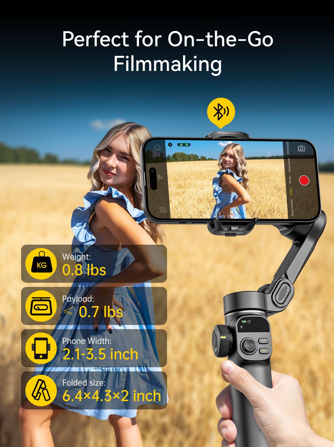 AOCHUAN Gimbal-Stabilisator für iPhone, 3-Achsen-iPhone-Gimbal mit integrierter 7,8-Zoll-Verlängerungsstange, tragbarer Gimbal-Stabilisator mit OLED-Display für iPhone/Android-Smart X2 Schwarz