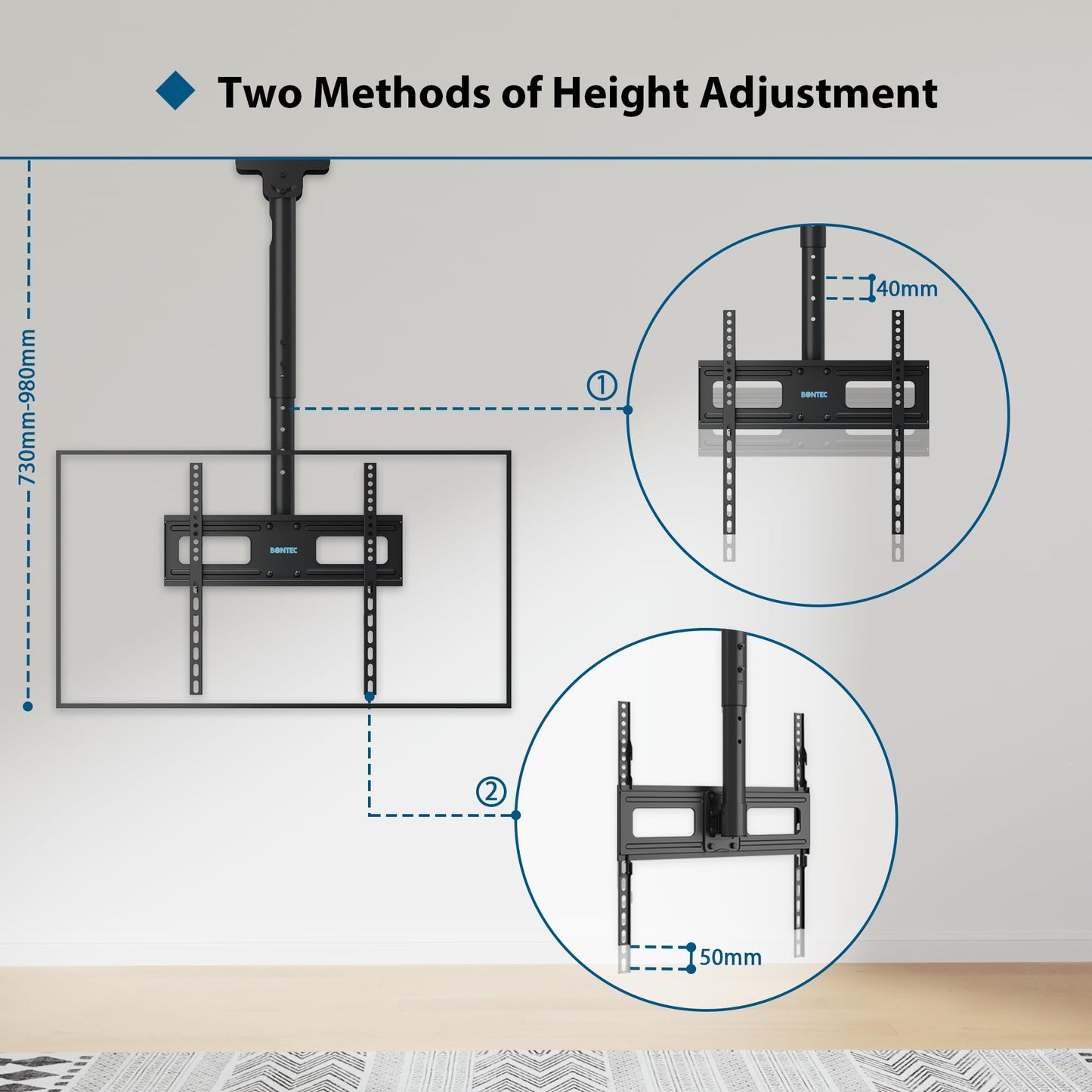 BONTEC TV-Deckenhalterung, neigbar und schwenkbar, 6-fache Höhenverstellung für 26-65 Zoll TV Decke, bis zu 45 kg, TV Wandhalterung max. VESA 400x400 mm