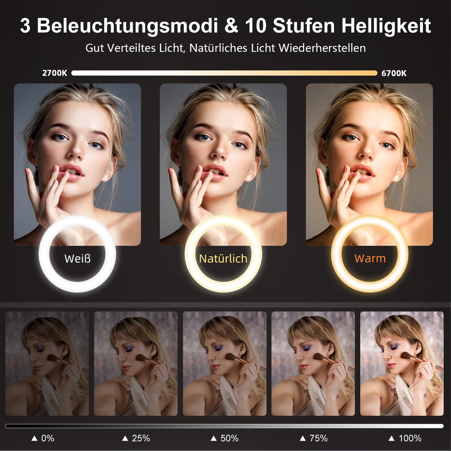 Ringlicht mit Stativ Handy Laptop Videokonferenz Licht,Evershop 10.5” Ring Light Ringleuchte LED 3 Lichtfarben+10 Helligkeiten 360°Drehbar Schreibtisch Streaming Beleuchtung Licht YouTube Tiktok