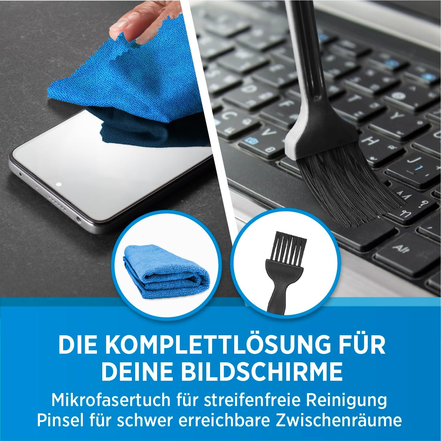 PRINOX Bildschirmreiniger Set 250ml mit Mikrofasertuch und Pinsel - Display Reiniger für Handy, Laptop und TV Displays (LCD, LED, OLED, QLED, TFT) gegen Fettflecken und Fingerabdrücke