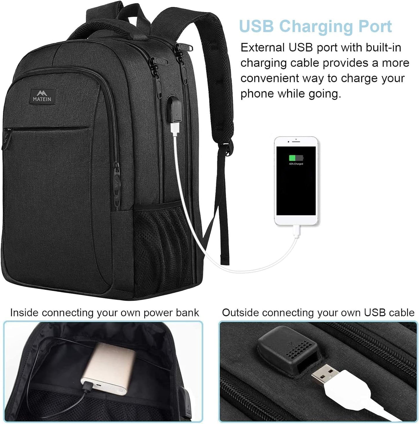 MATEIN Rucksack Herren, Groß Laptop Rucksack 17,3 Zoll Schulrucksack Laptoptasche mit USB Ladeanschluss Anti Diebstahl Business Arbeit Reisen Rucksack Teenager Notebook College Tech Damen, Schwarz