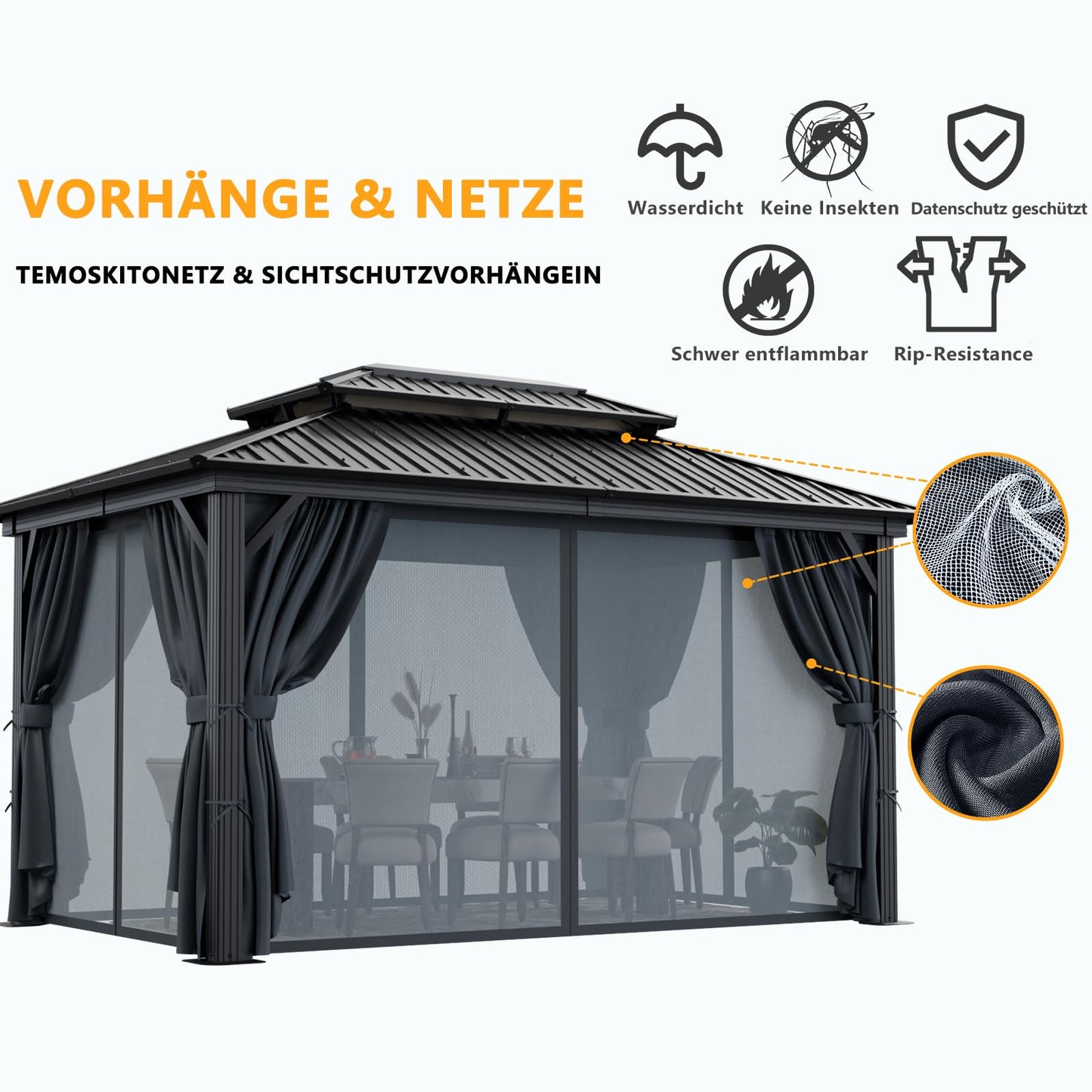 HOTEEL 3x3.65m Hardtop Pavillon Wasserdicht Stabil Winterfest, Gartenpavillon Metall mit Verzinkter Stahl Doppeldach, Alu-Rahmen, Schwer Entflammbare Vorhänge & Moskitonetz, Grau (2025 Aufrüstung)