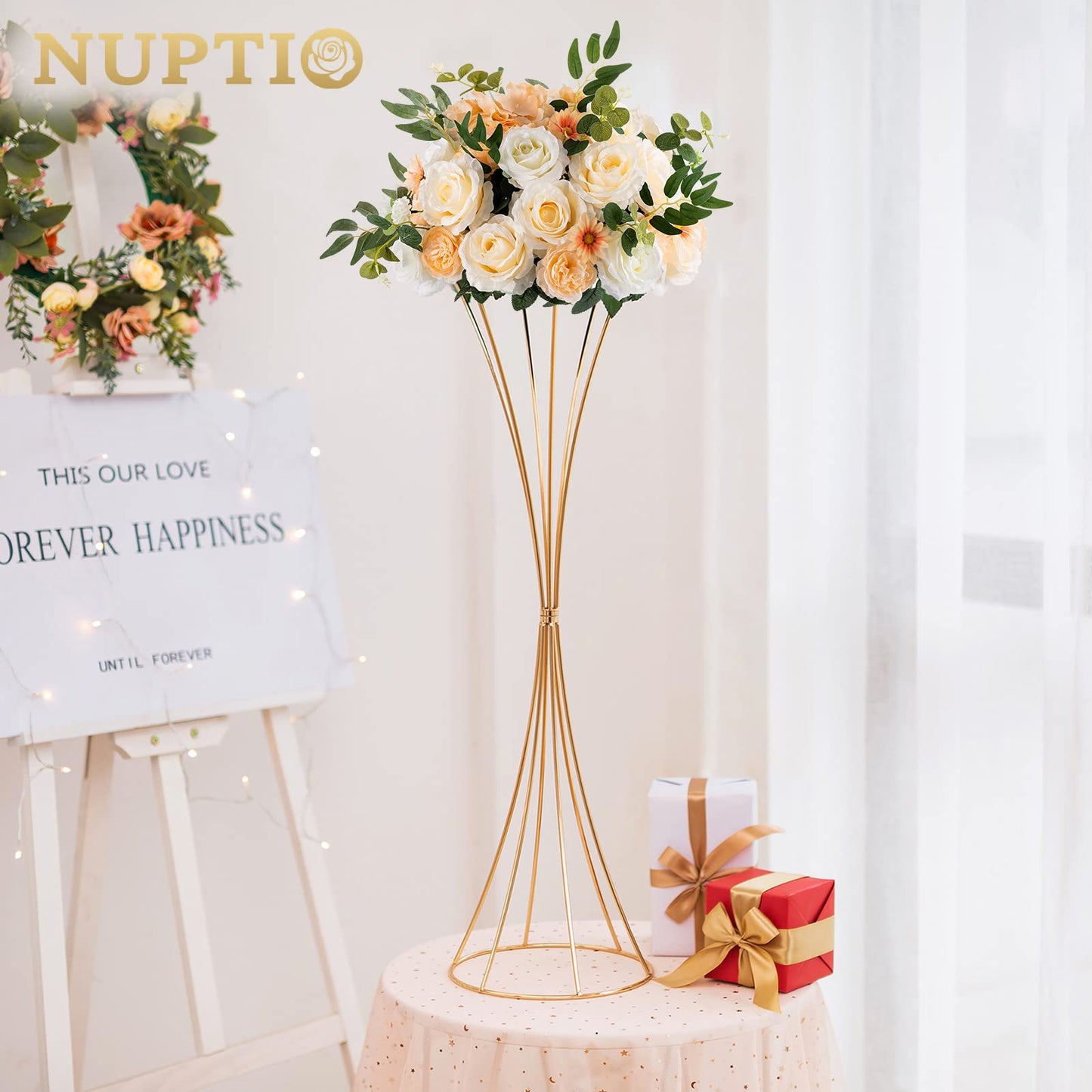 Nuptio 2 Stück Rose Gold Hochzeit Mittelstücke Tischvase, 79cm Hoch Metall Trompete Vase, Straße Führen für Hochzeitsfeier Abendessen Herzstück, Blumenständer für Weihnachten Jubiläum Dekoration