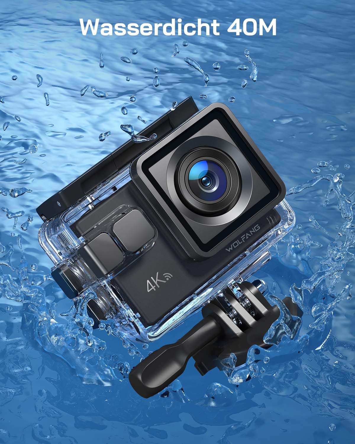 WOLFANG GA100 Action Cam 4K 20MP Unterwasserkamera WiFi 40M wasserdichte EIS Bildstabilisator Helmkamera 170°Weitwinkel Camcorder (Externem Mikrofon, 2.4G Fernbedienung, 2 Akkus und Zubehör Kit)