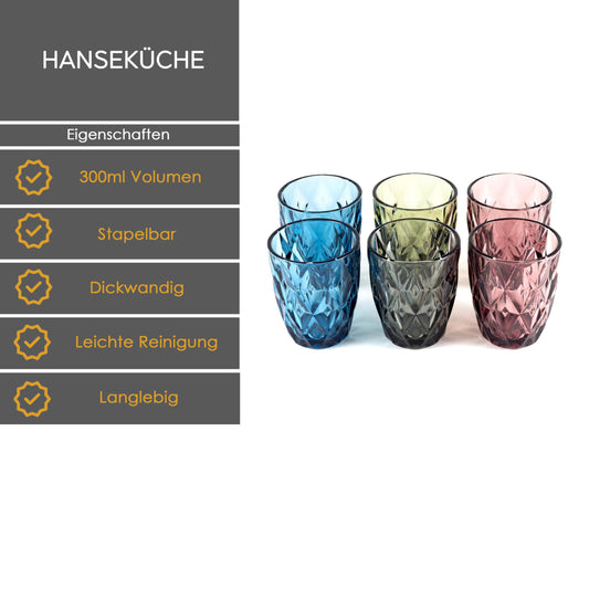 Hanseküche Trinkgläser Set 6x 250 ml | Hochwertige bunte Gläser | Wassergläser Trinkgläser Saftgläser Drinkgläser Küchengläser bunt | spülmaschinenfest aus Glas Wasserglas mehrfarbig,trinkglas,Design