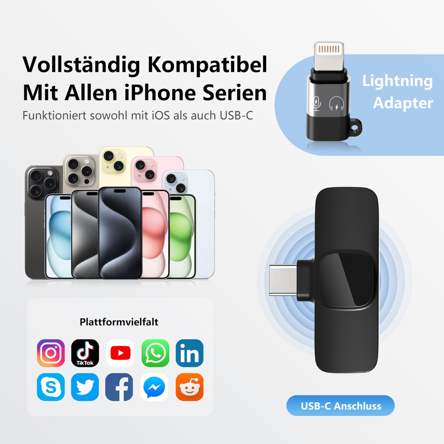 Qhot Kabelloses Lavalier Mikrofon für iPhone,iPad， Plug-and-Play-Mikrofon für Aufnahmen, Live-Streaming, Keine App erforderlich(iOS&USB-C 2MIc)