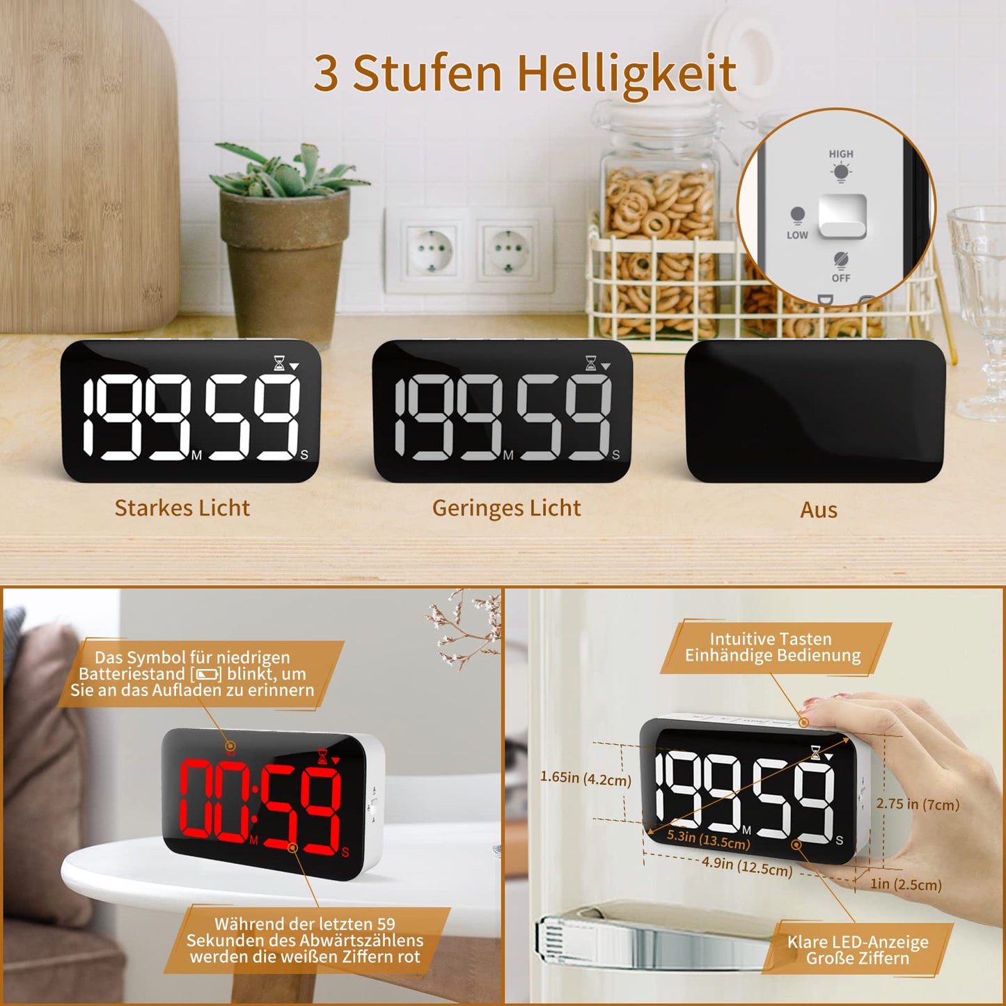 DOOMAY Digitaler Küchentimer - Magnetischer Wiederaufladbarer Küchenwecker, Helligkeit und Lautstärke einstellbar, Ideal für Kochen, Klassenzimmer, Büro und für Kinder, Lehrer, Senioren zu verwenden