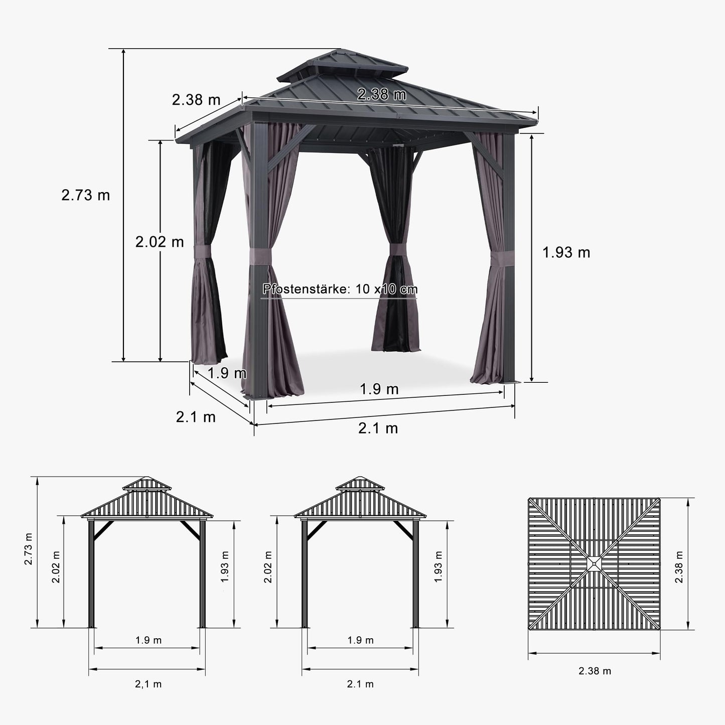 PURPLE LEAF Gartenpavillon 2.4 x 2.4 m Festem Dach, Basisch Pavillon Wasserdicht Stabil Winterfest Stahldach Hardtop Pavillon mit Seitenteilen Alu Pavillon für Grillpavillon, Grau