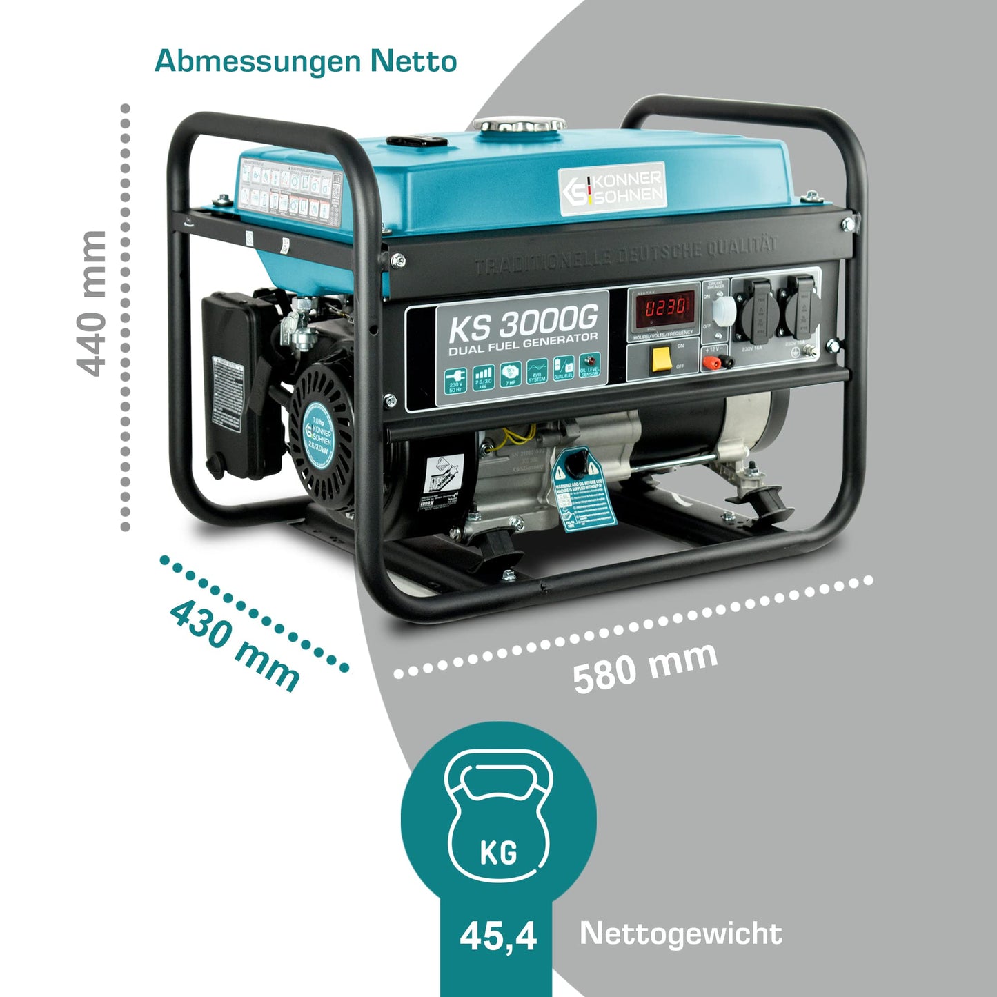 Könner & Söhnen KS 3000G - Hybrid Benzin-LPG 4-Takt Stromerzeuger, Kupfer Generatoren 3000 Watt, 16A, 230V, Generator für Kleinhaus, Garage oder Camping Blau3-g