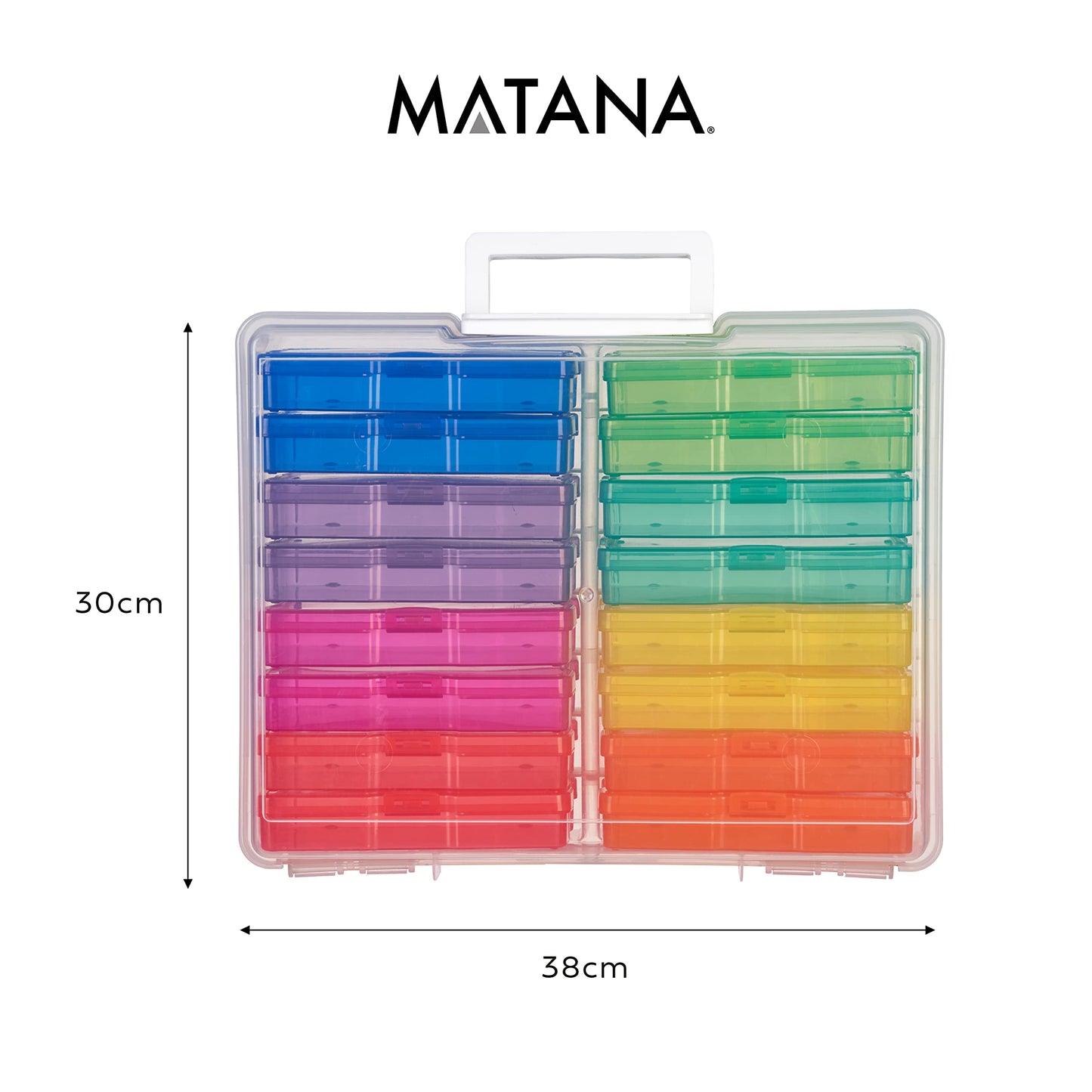 MATANA Foto-Aufbewahrungsbox (38x30x13cm, Farbig) für 15x10cm Fotos - Foto Organizer Box mit 16 Fächern und Etiketten - Sticker & Saatgut Aufbewahrung