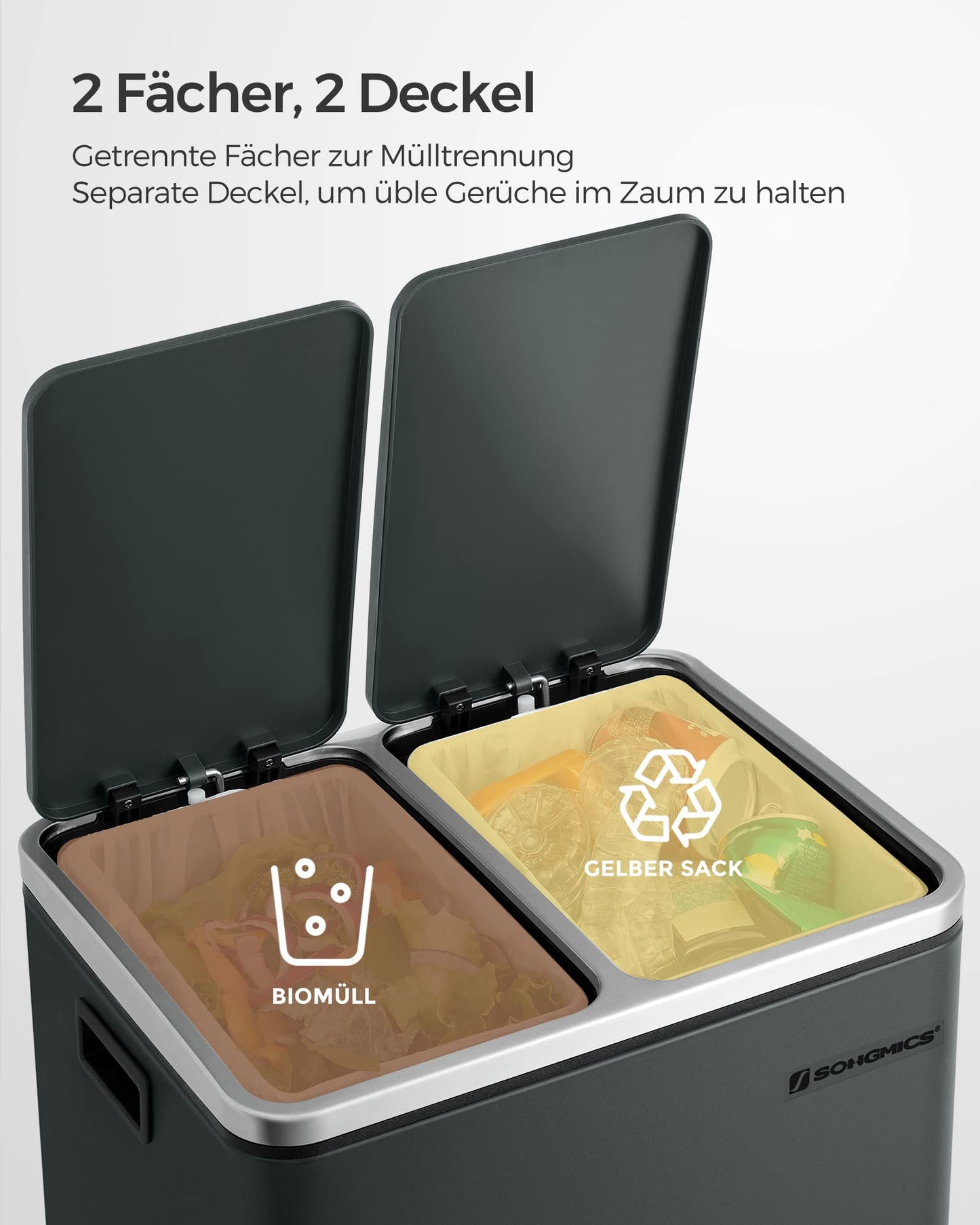 SONGMICS Mülleimer Küche, 2 x 15 Liter, Mülltrennsystem 2 Fächer, inklusive 15 Müllbeutel, Abfalleimer, Treteimer, recycelbare Abfälle, Biomüll, Softclose-Deckel, grüngrau LTB30GS